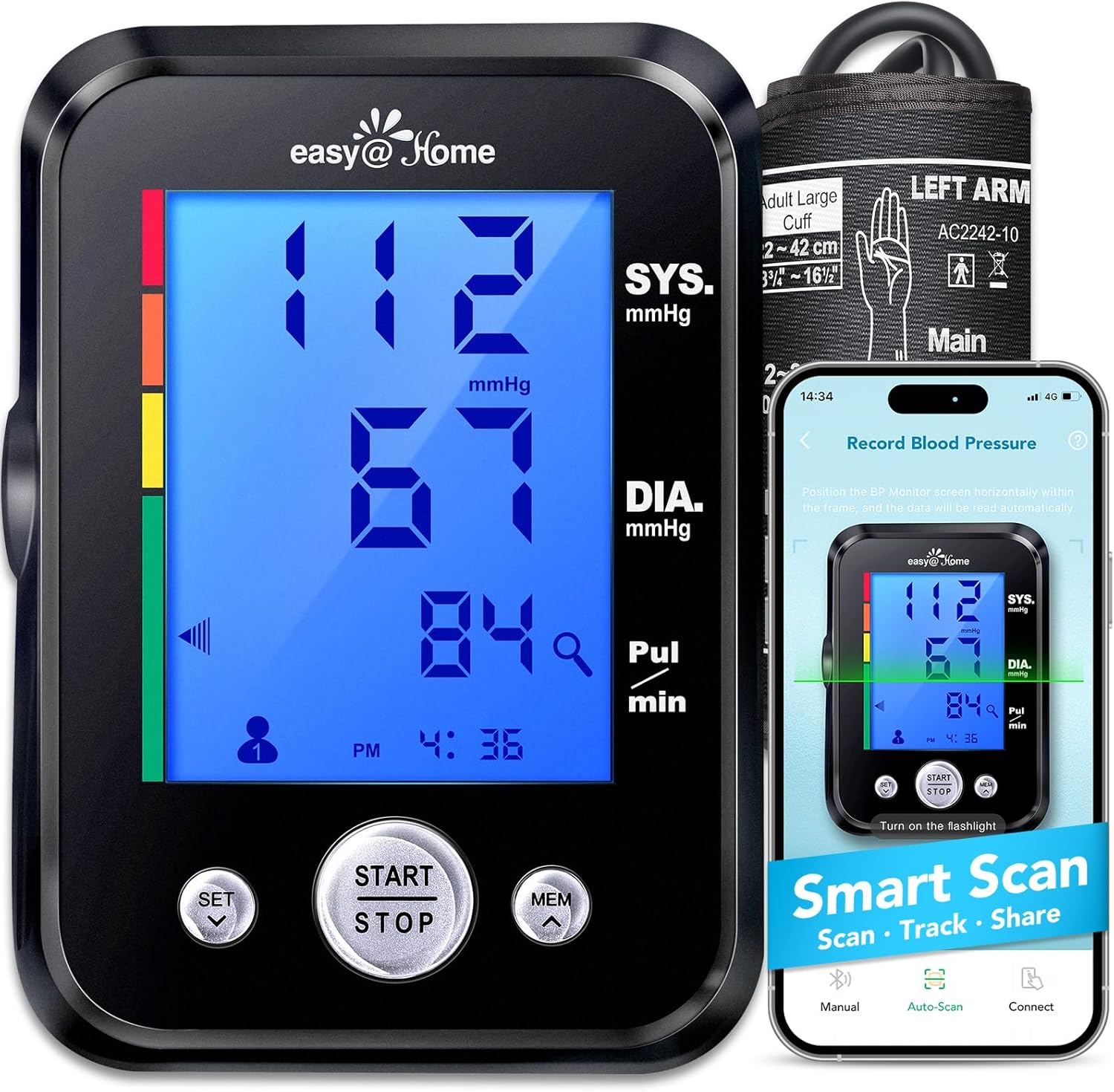 Easy@Home Blood Pressure Monitor: Accurate Cuff Automatic Blood Pressure Monitor with Free App MyHeartPal – 3 Color Backlit Display 8.7”-16.5” Large Cuff, Not Bluetooth EBP-095 Black Easy@Home Blood Pressure Monitor: Accurate Cuff Automatic Blood Pressure Monitor with Free App MyHeartPal – 3 Color Backlit Display 8.7”-16.5” Large Cuff, Not Bluetooth EBP-095 Black