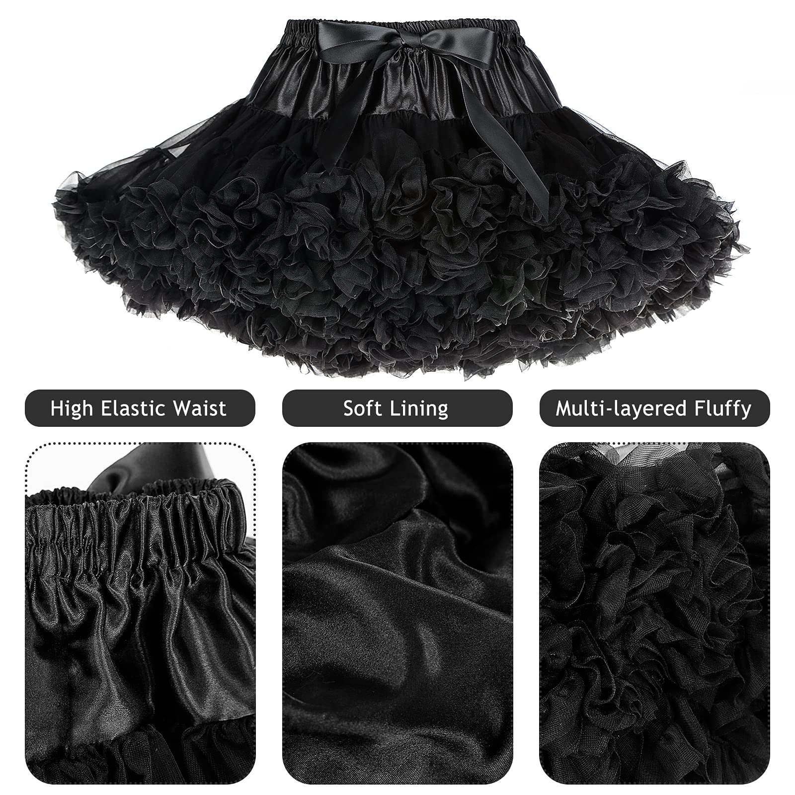 Falda de tutú para niña, falda de ballet mullida, Negro, Large