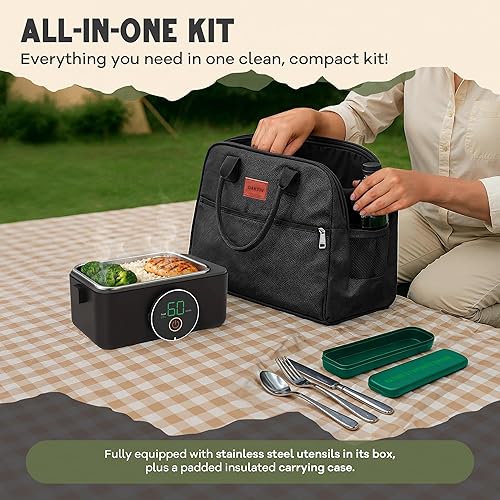 Miniatura 4 de ThermoGo - Lonchera eléctrica autocalentable para adultos - Calentador de alimentos inalámbrico de 60 W con temporizador de pantalla táctil y bolsa