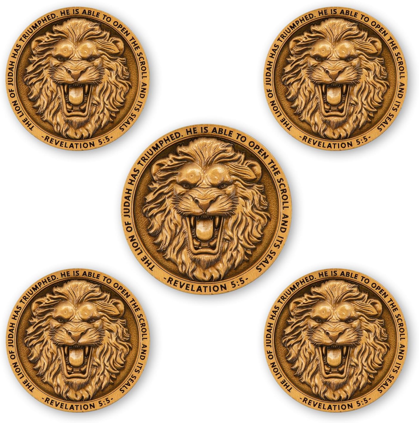 Lion of Judah Challenge Coin - 5-Pack Religious Coins with Bible Verses, Shield and Cross Design, Inspirational Faith Gift, Includes Clear Acrylic Cases for Display and Protection