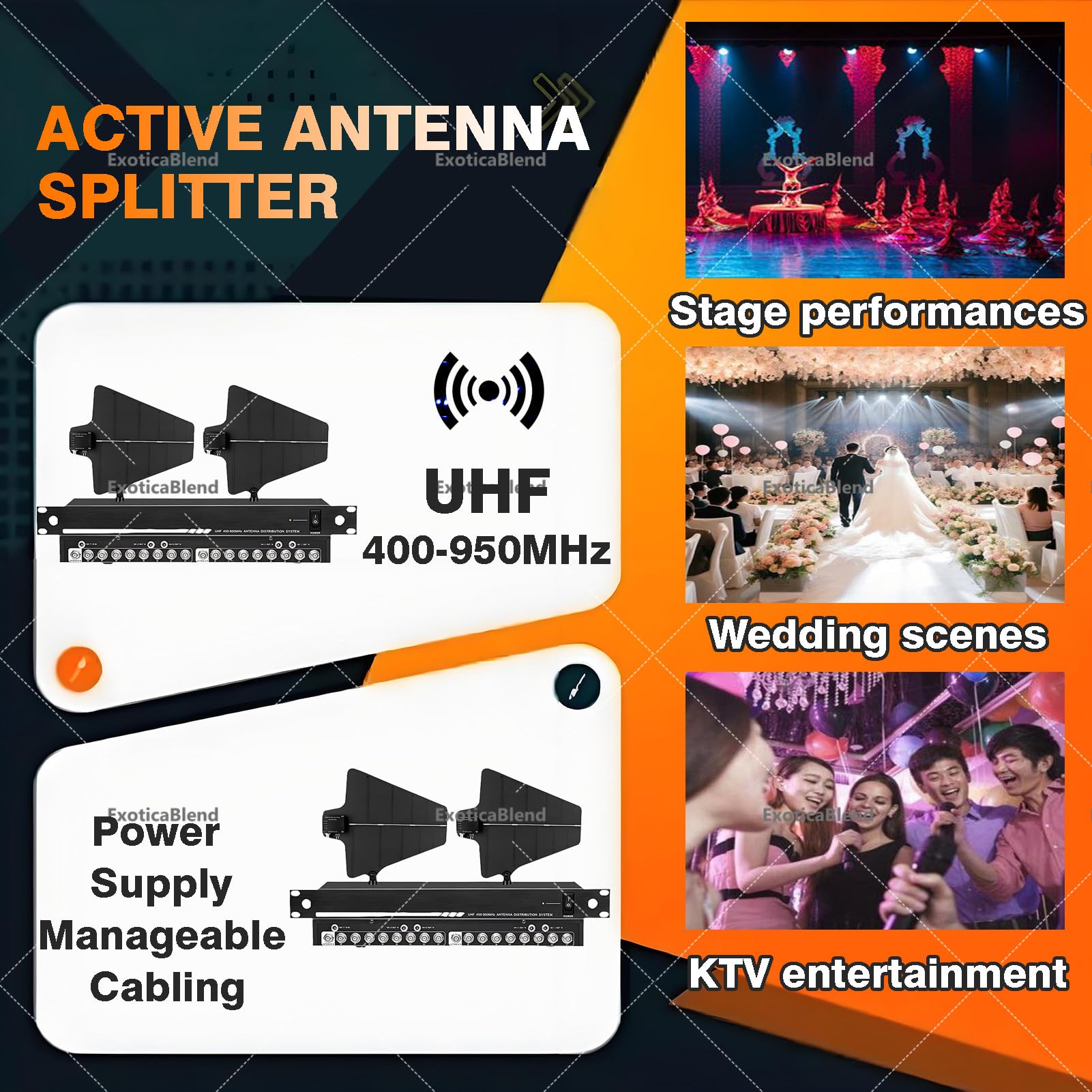 Sistema di distribuzione antenna direzionale per microfoni wireless, copertura 500 m per palchi ed eventi live