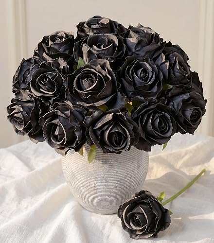 Ivydale 18pcs Black Roses Artificial Flowers, Fake Roses Silk Flowers