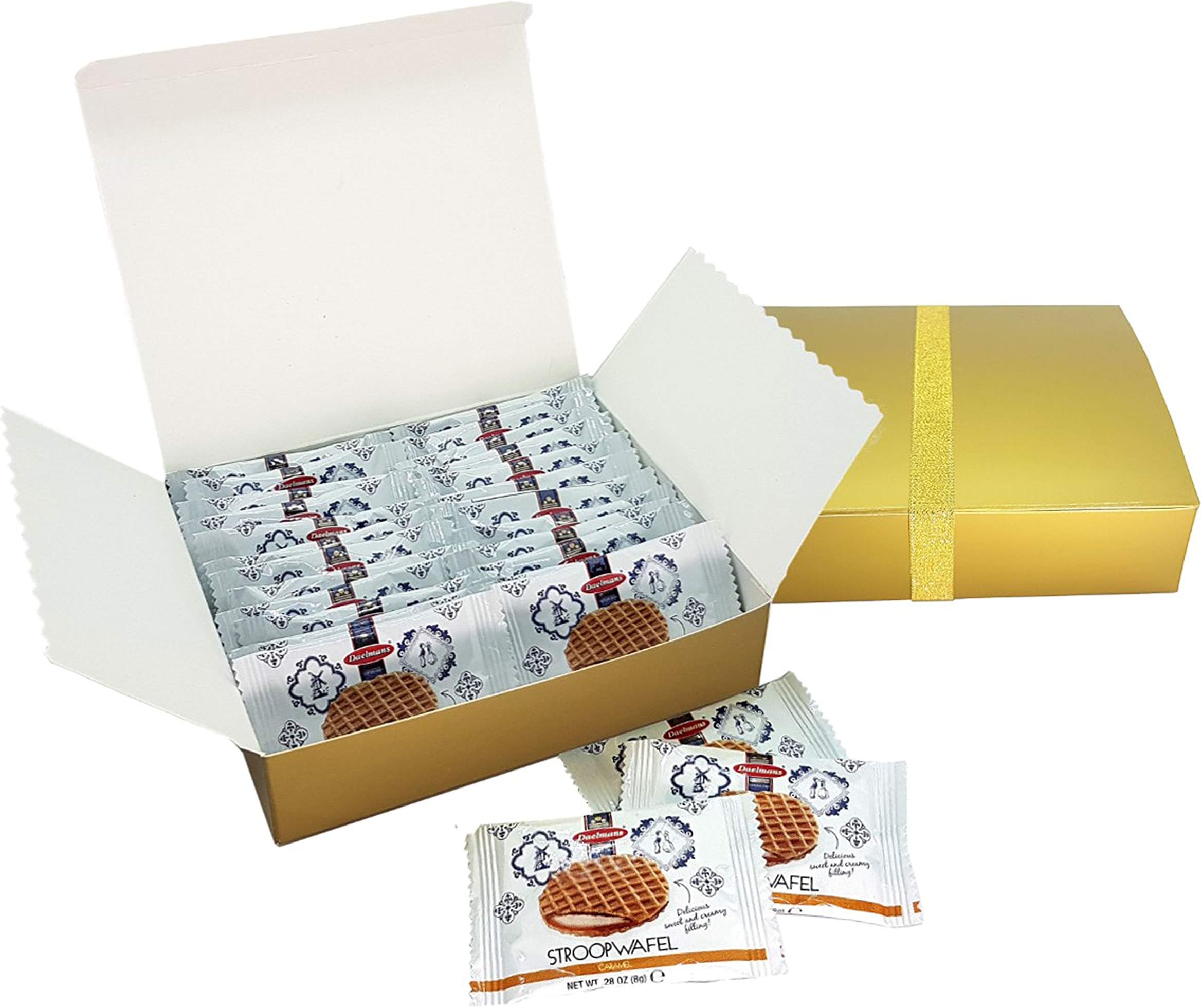 Tasty Kitchen Gift Box of Dutch Mini Caramel Stroopwafels Single Pack 24 Pieces in Gold Gift Box