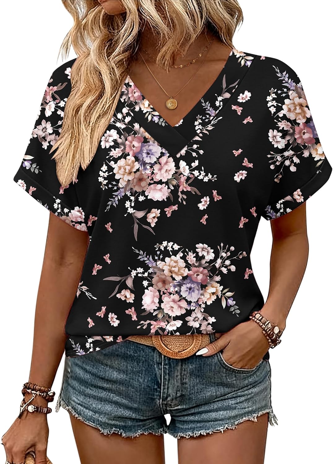 Zeagoo Womens Summer Tops Rolled Short Sleeve V Neck Shirts Casual Dressy Business Work Blouses Outfits - Image 2