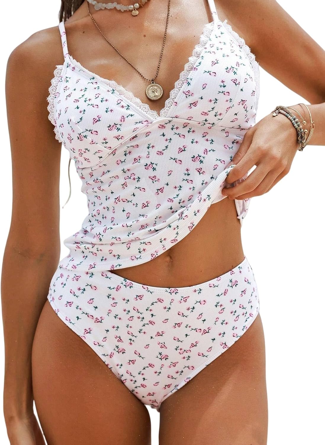 ZAFUL Women’s Spaghetti Strap Tankini Swimsuits V Neck Tummy Control Tie Side Thong Bikini Swimsuits 2 Piece Bathing Suits