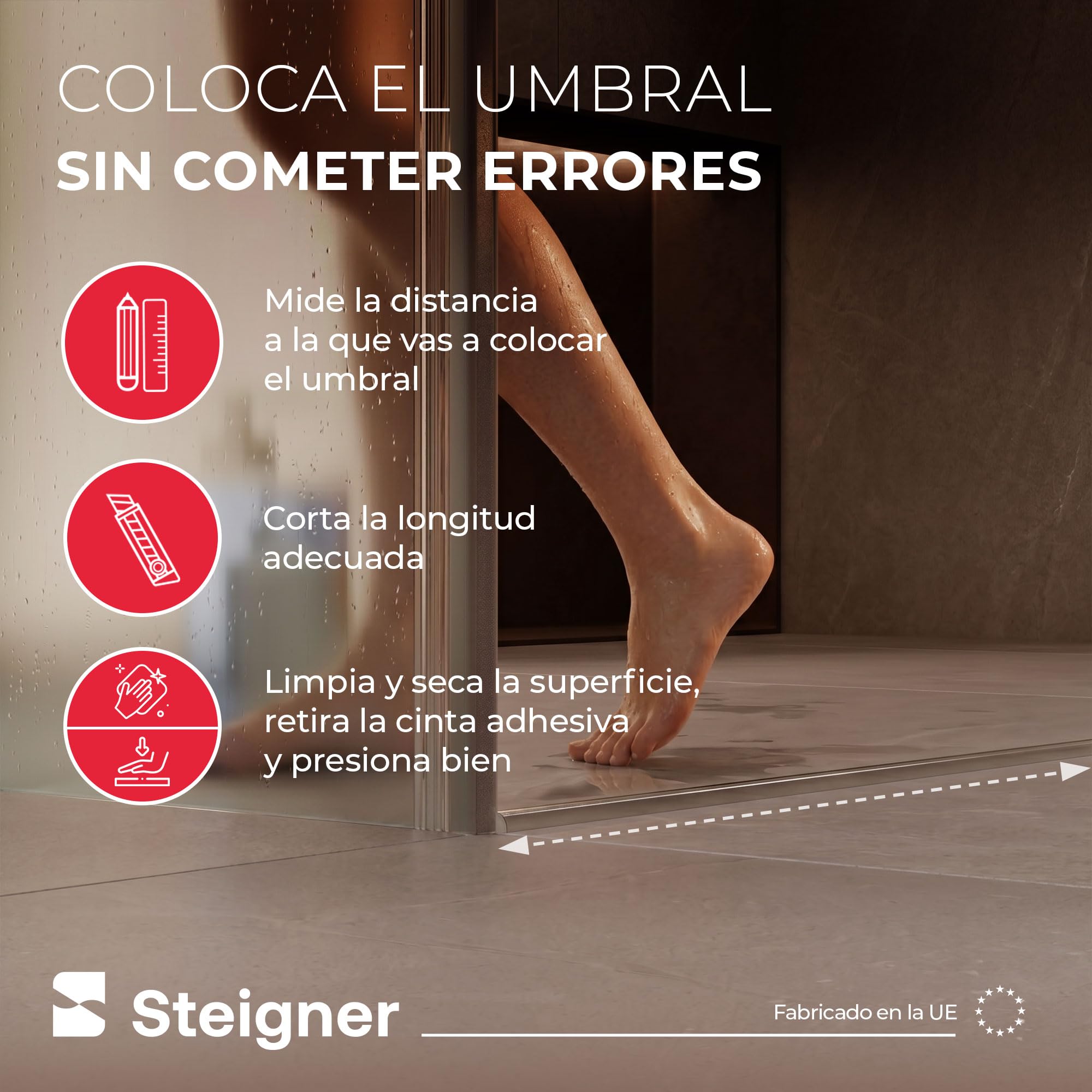 Barra semicircular acrílica autoadhesiva STEIGNER de 10 mm y 160 cm | Deflector de agua, perfil antideslizamiento, para cabinas de ducha, duchas de cristal y duchas a ras de suelo tipo walk-in
