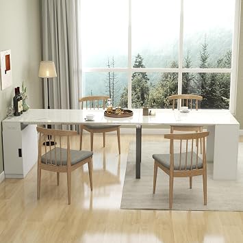 24"-118" Extendable Dining Table with Storage for 2-12 People, Modern Space-Saving Extra Long Wood Folding Table with USB & AC Outlets, Multifunctional Conference Meeting Table, White Marble
