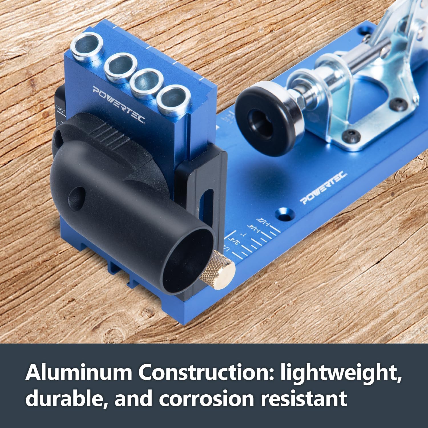 POWERTEC 72104 Aluminum Pocket Hole Jig Set with 7" Quick Release Ratcheting Table Clamp | Joinery Woodworking Jig Tool with Base, 1-1/4" Dust Port and Hardware