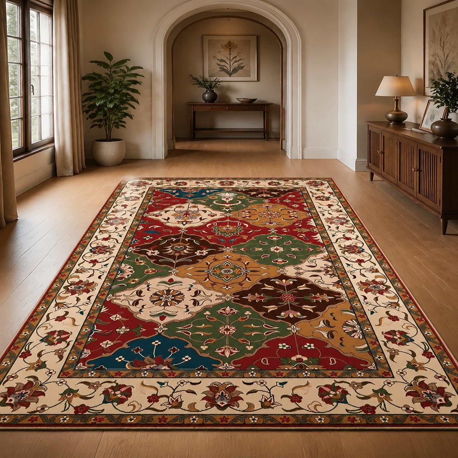 Tapis oriental salon 140x200 rouge et vert pour réchauffer un sol froid
