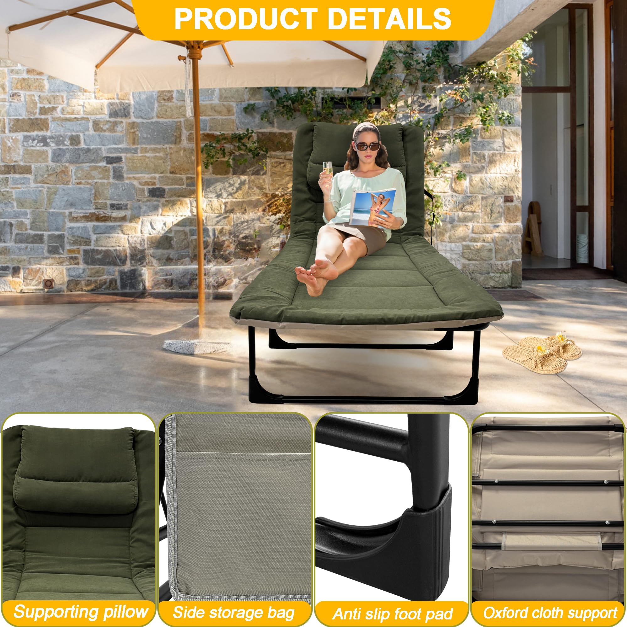 Brandina da Campeggio Lettino Letto Pieghevole Portatile, Schienale regolabile in 6 posizioni con Materasso Lettino Carpfishing 68x190x30 cm, Branda Pieghevole Caricabile 150 kg per Esterno Giardino