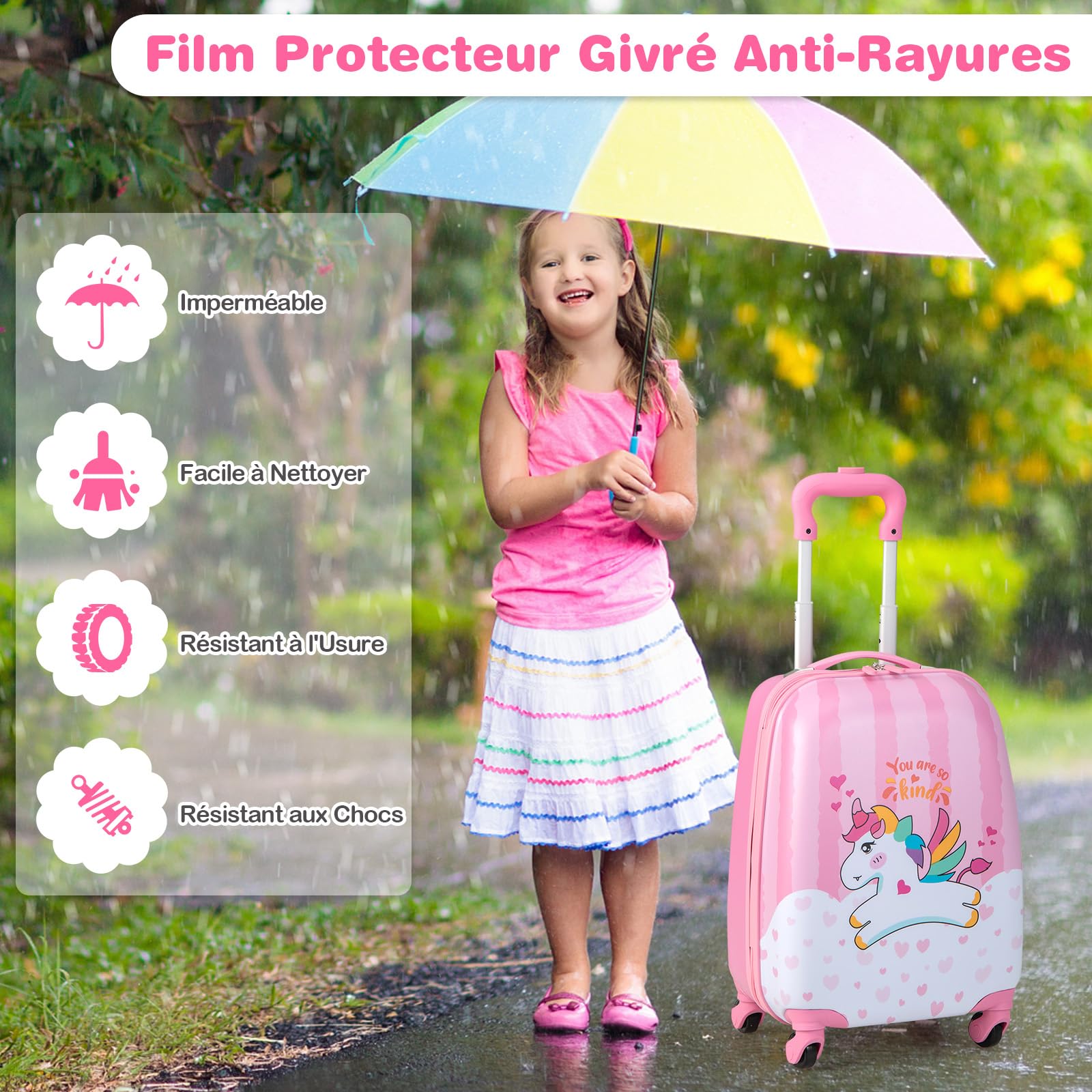 DREAMADE Valise Enfant 16" et Sac à Dos 12", Bagage à Main Rosé pour Enfants Filles, Cabine Enfant avec Motif Licorne, Valise Enfant Roulette avec 4 Roues Pivotante à 360°en Dessin(Licorne)