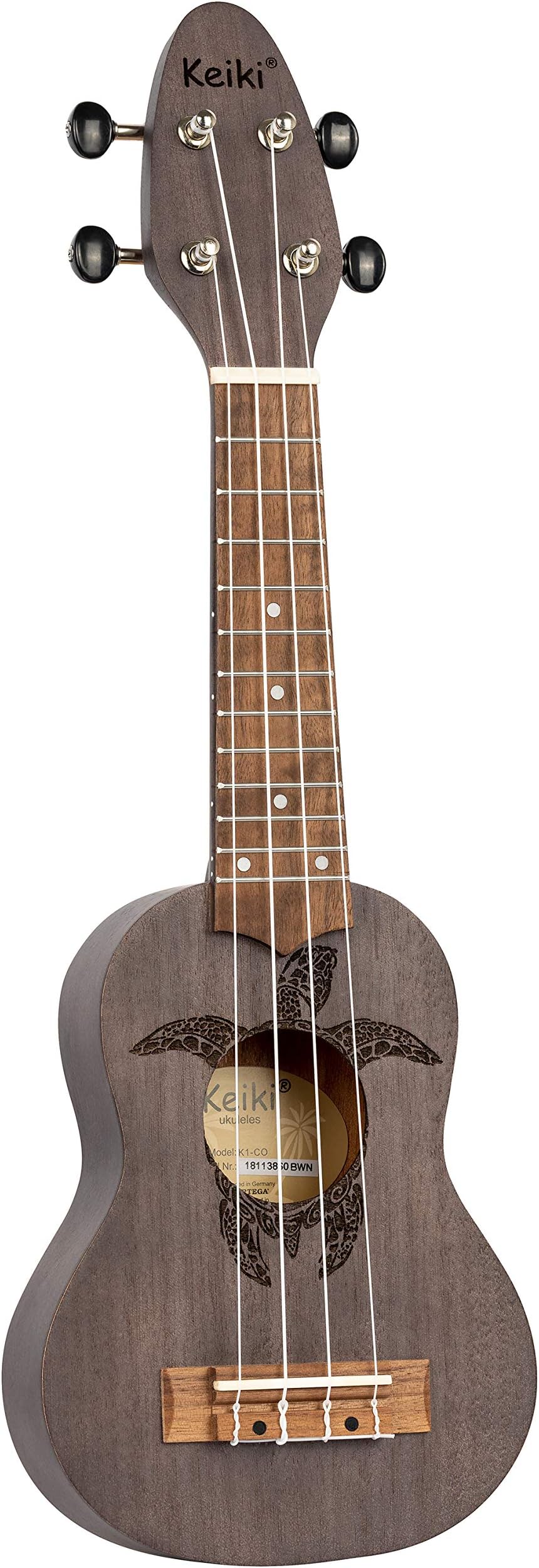 Ortega Guitars Sopranino Tiny Ukulele - Keiki K1 Series - Sea Turtle engraving - coal (K1-CO)