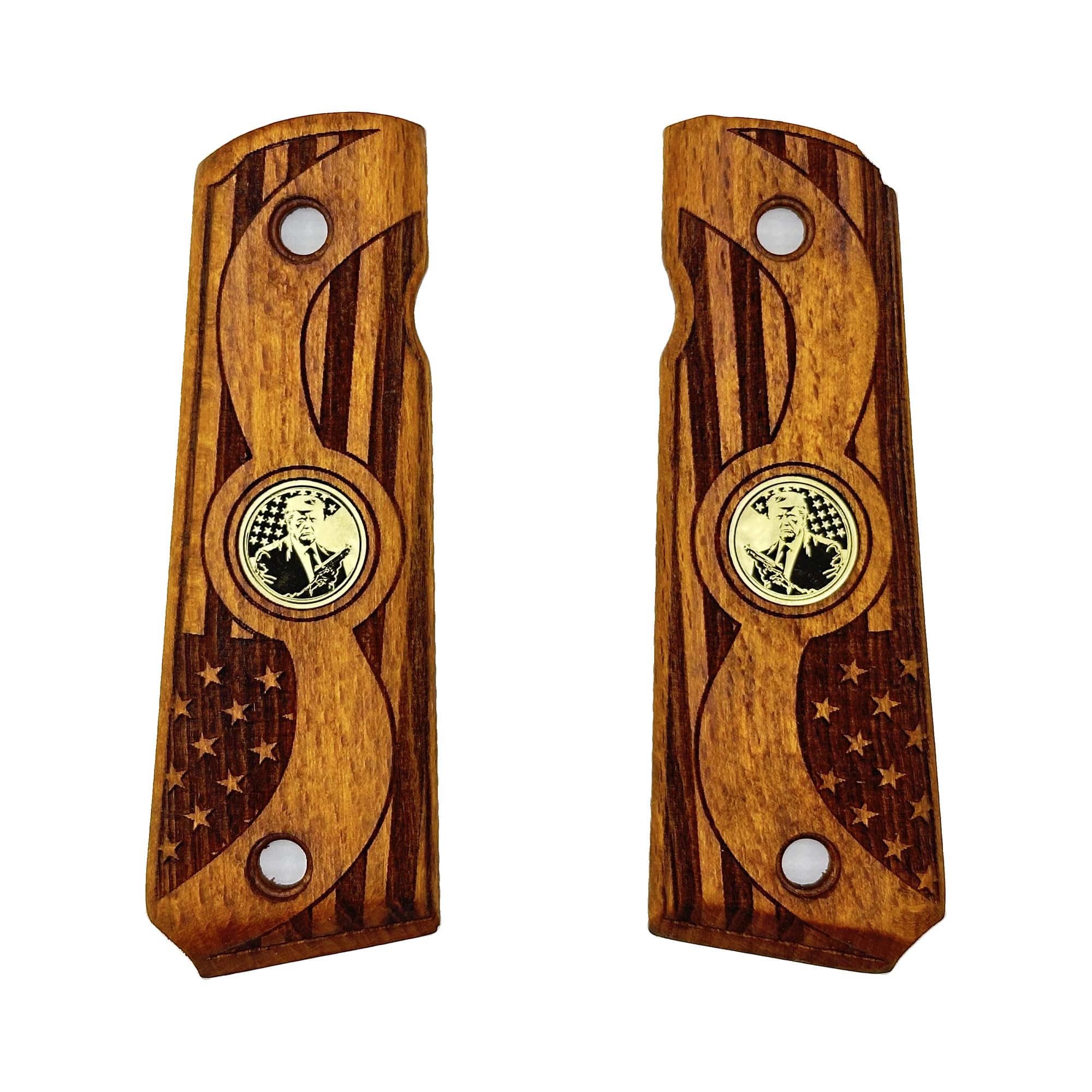 Zib Gripsfor Wooden 1911 Grips for Full-Size 1911 | 2024 Election Series, Patriot Series, MAGA, Donald Trump Special Series, Gift for Patriots (American Flag - Brass Logo, Freedom Brown)