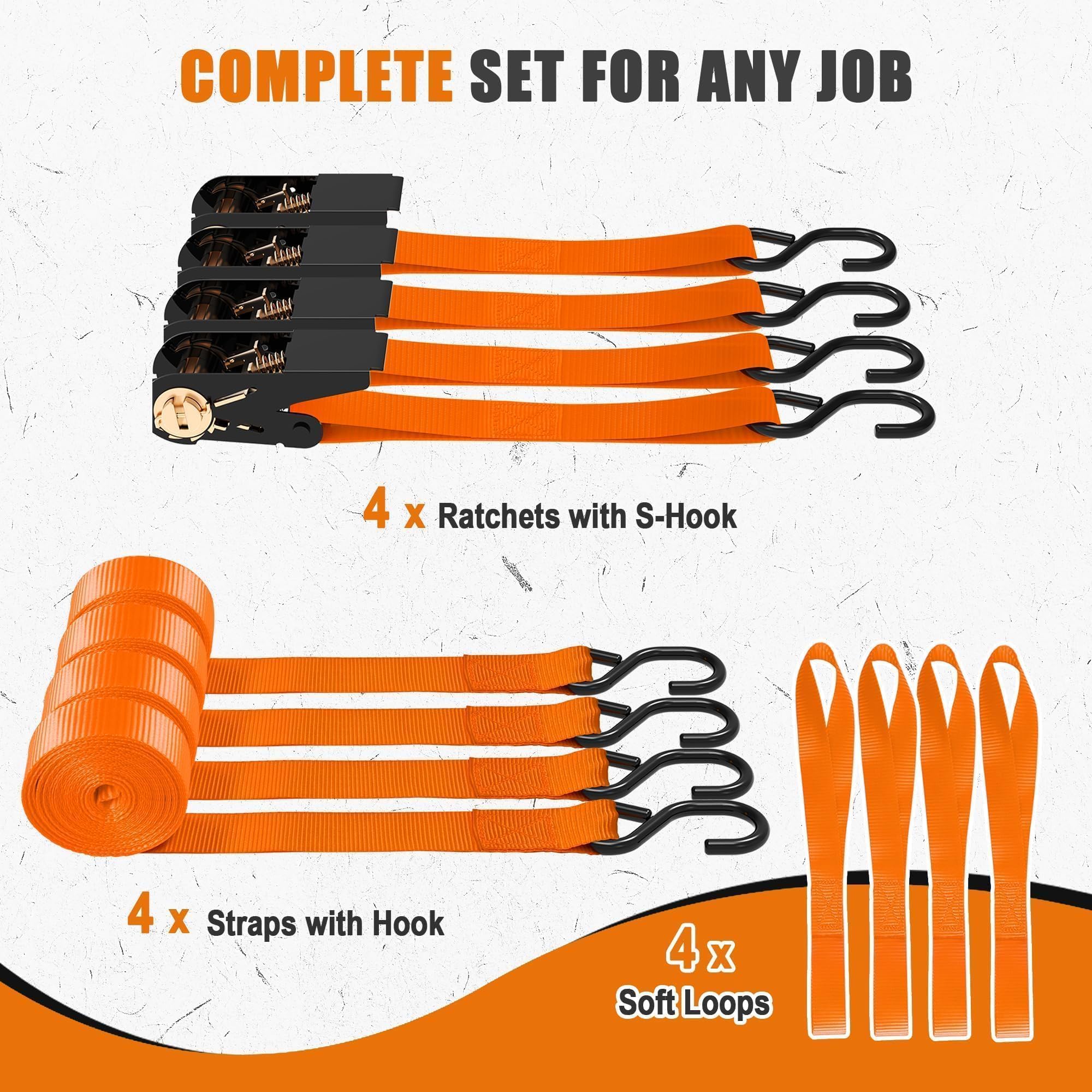 AWELCRAFT Lot de 4 Sangles à Cliquet – 680 kg de Résistance à la Rupture, 4,5 m de Longueur, Orange avec Crochets en S & Boucles Souples – Idéal pour Moto, VTT, Bateau, Meubles, Déménagement