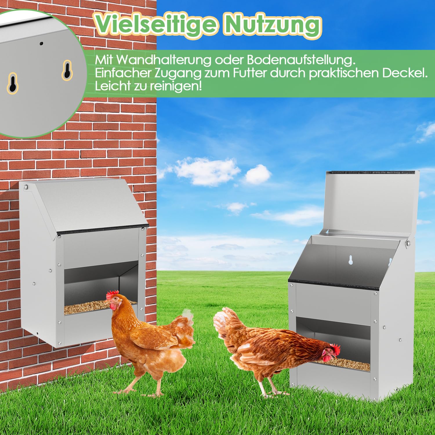 Comedero automático para gallinas, 4,5 kg, de acero galvanizado, comedero para aves de corral con tapa, soporte de pared y accesorios para pollos, patos, aves de corral