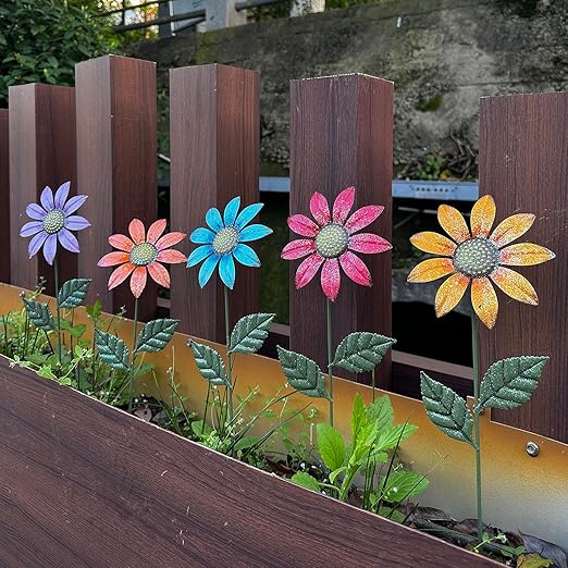 Metal Flowers for Outside,5 Pack 16.15" Decorative Garden Stakes with Swaying Flowers Head Yard Art,Spring Garden Decor for Lawn, Pathway & Yard