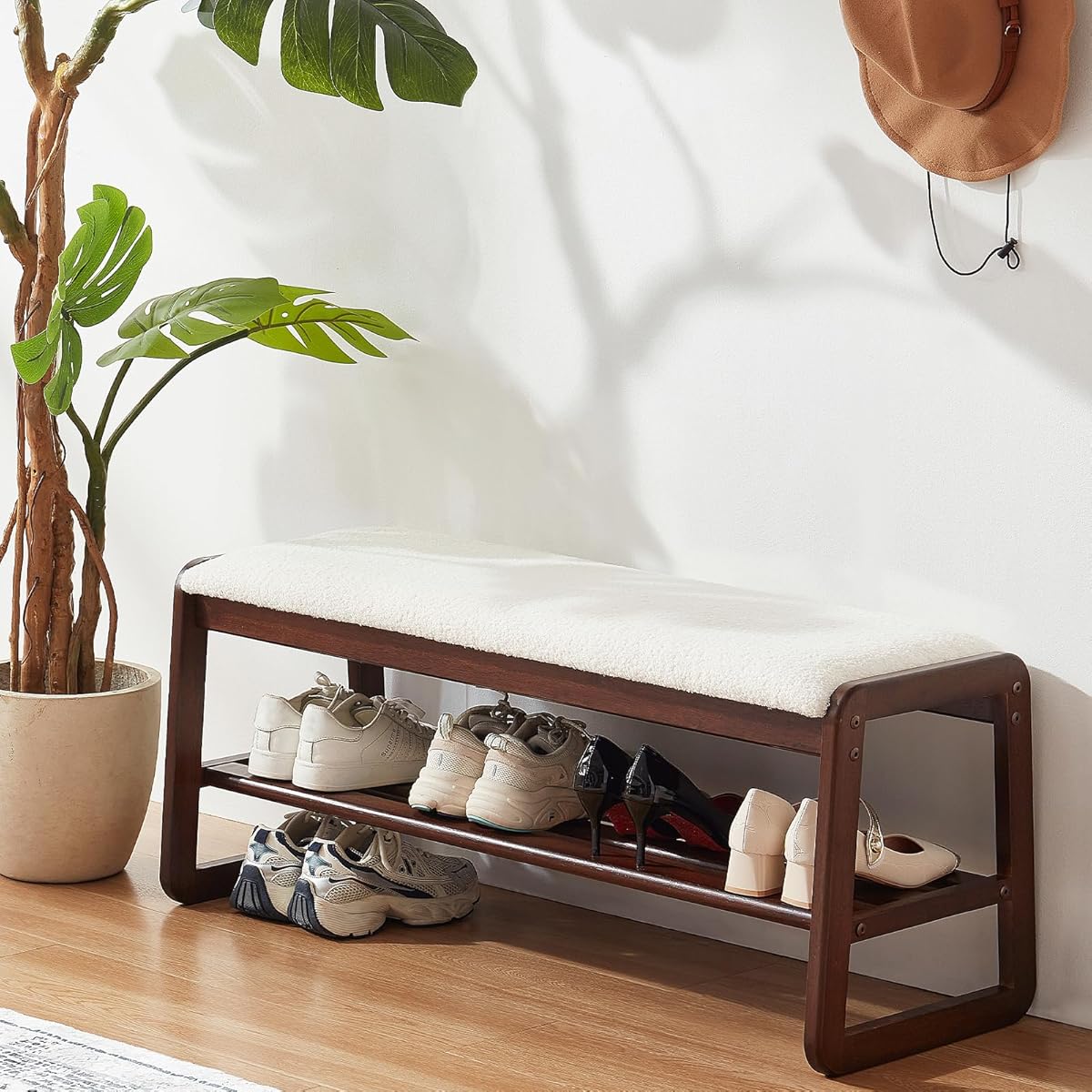 Achicsofar Shoe Rack Bench,2 Tier Solid Wooden Entryway Bench with Shoe Storage, Shoe Rack with Cushion for Living Room, Hallway(Cream White, 39.4")