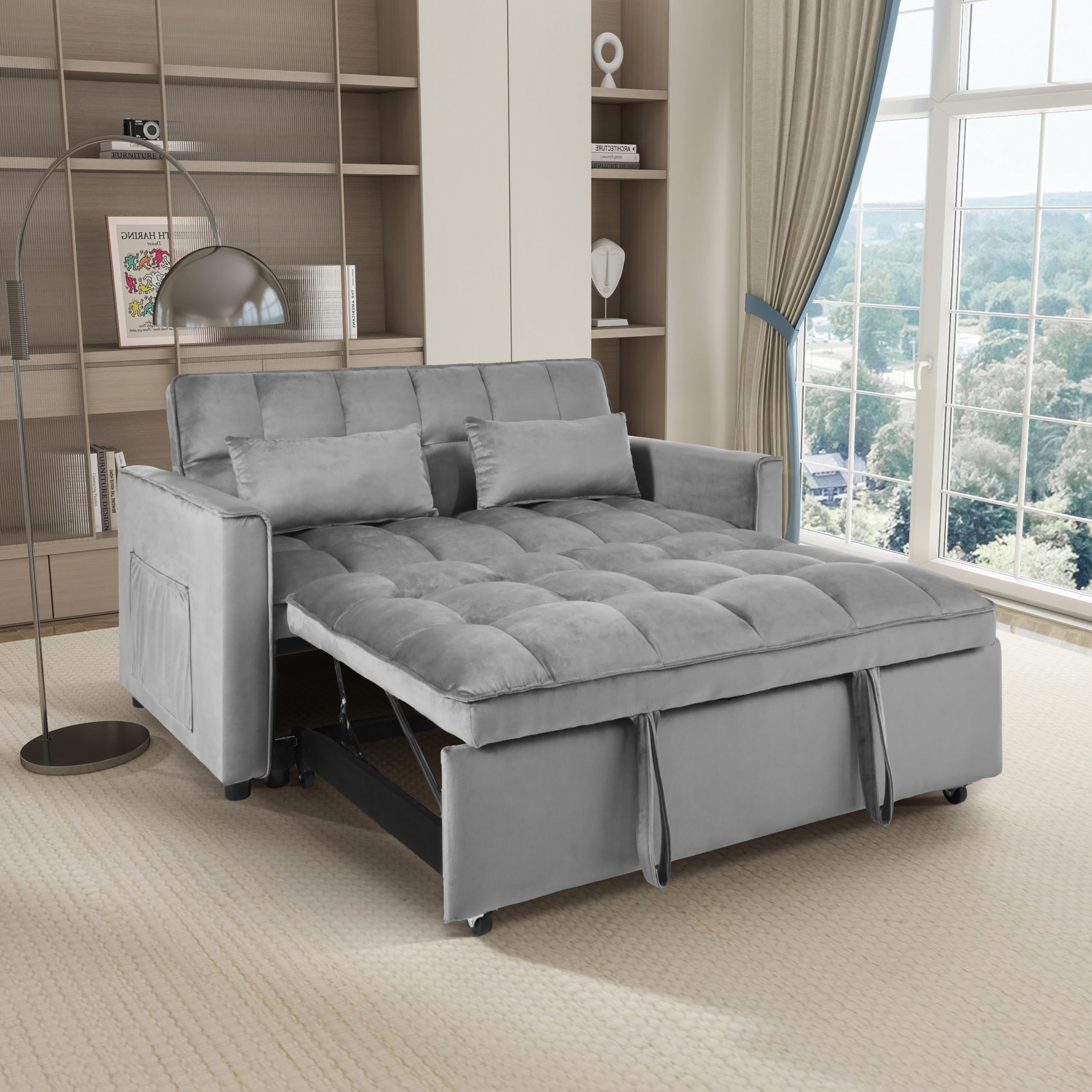 Condition photo showing New/Like New for 53.94''convertible sleeper sofa bed 3-in-1 pull out couch bed with reclining backrest and pillows modern loveseat sofa for living room home or office, grey