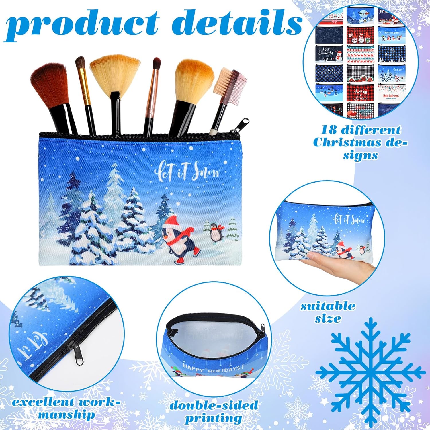 Abbylike 36 Pcs Christmas Makeup Bags Bulk Gifts Plaid Cosmetics Santa Gnomes Elk Snowman Xmas Purse Double Sided Goodie Bags for Women Travel Holiday Present,18 Styles (Christmas)