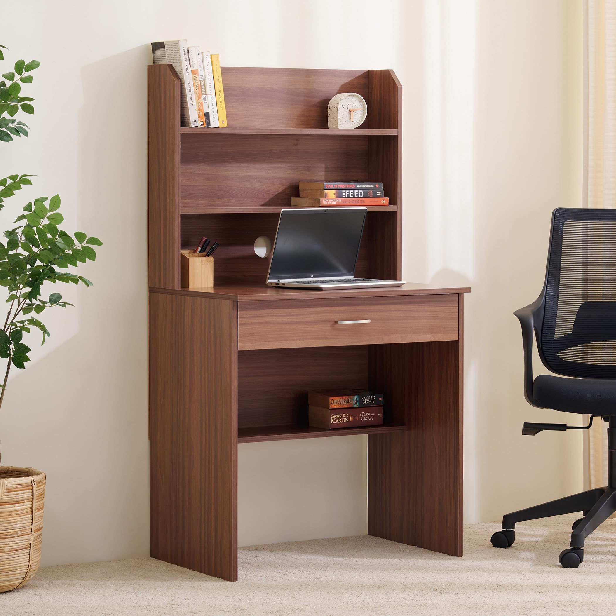Home Centre Helios Alton Study Desk with Hutch and Drawer | Engineered Wood Study Desk | Walnut Colour| 1 Year Warranty