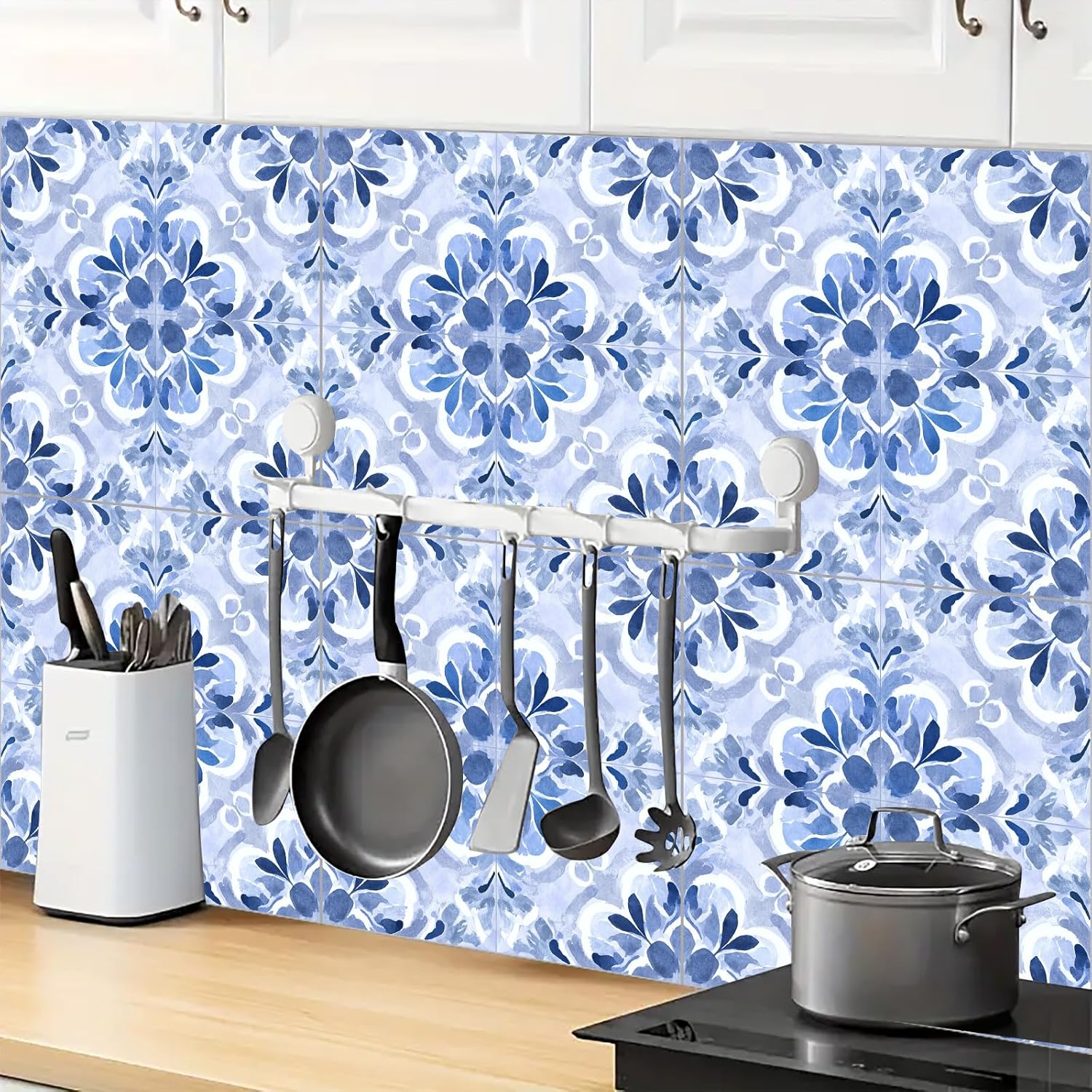 10PCS Peel and Stick Floor Tiles 12x12 Inch Blue White Watercolor Floral Self Adhesive Vinyl Flooring Moroccan Style Tile for Kitchen Bathroom Bedroom Living Room Home DIY Decor