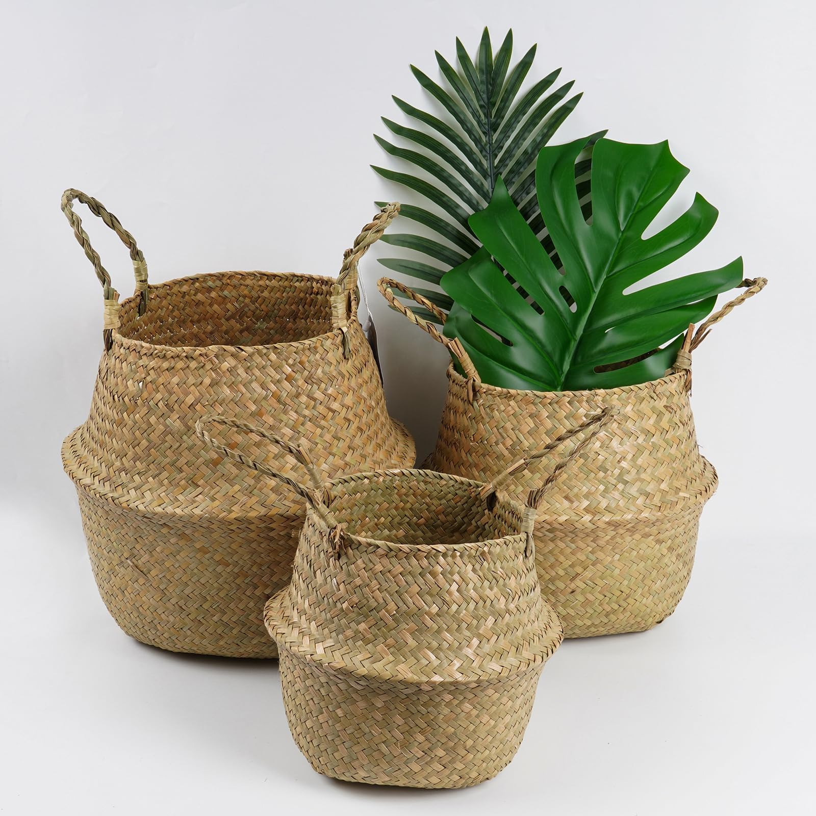 VaryFloralSet of 3 Belly Woven Basket with Handles Seagrass Plant Basket for Storage Picnic Grocery Handmade Round Woven Basket for Tree Plant Pot(Natural)