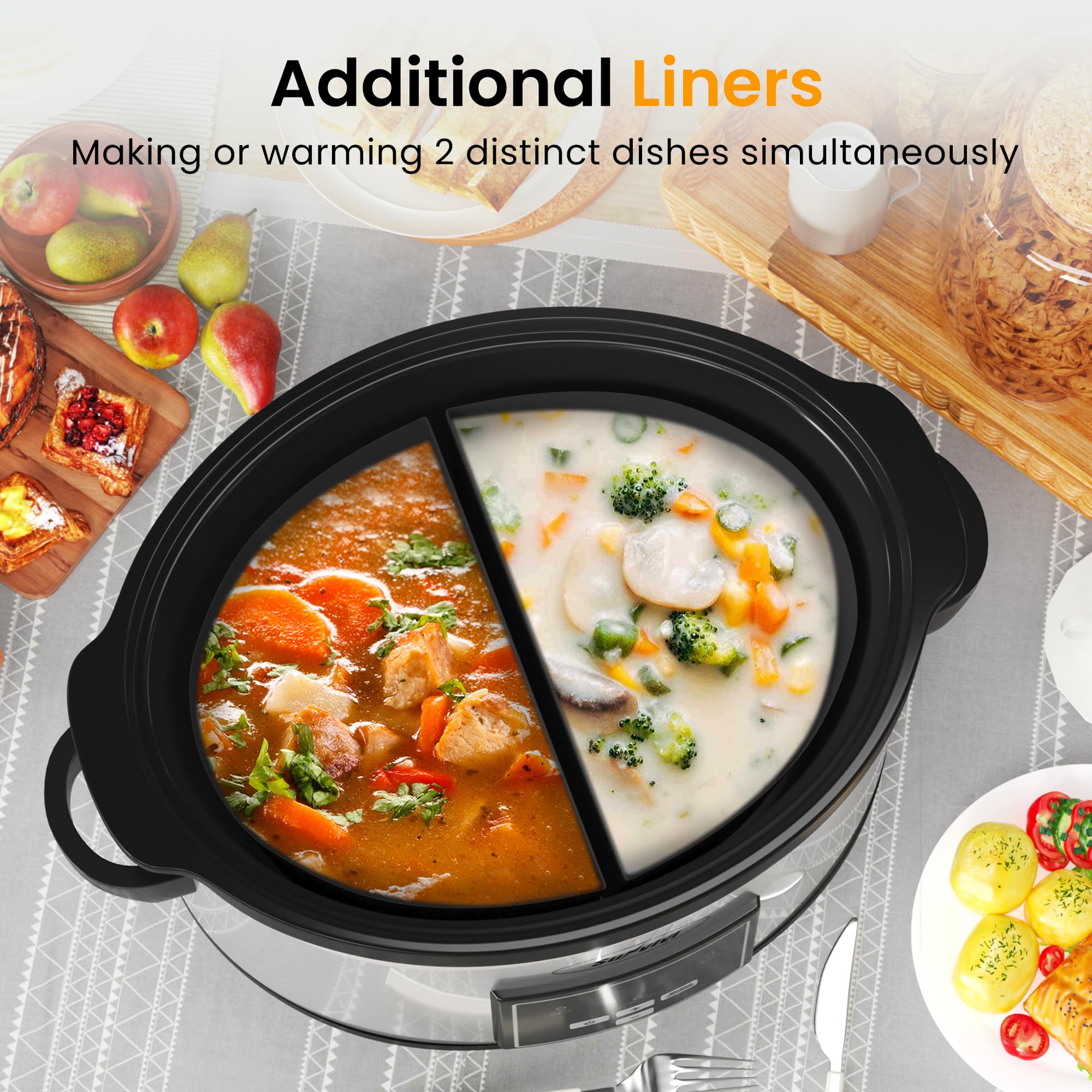 Sunvivi 6 Quart Programmable Slow Cooker with 2 in 1 Silicone Liners, Multi-Cooker Food Warmer with Digital Timer, Adjustable Tempature Control, Dishwasher Safe Parts, Silver