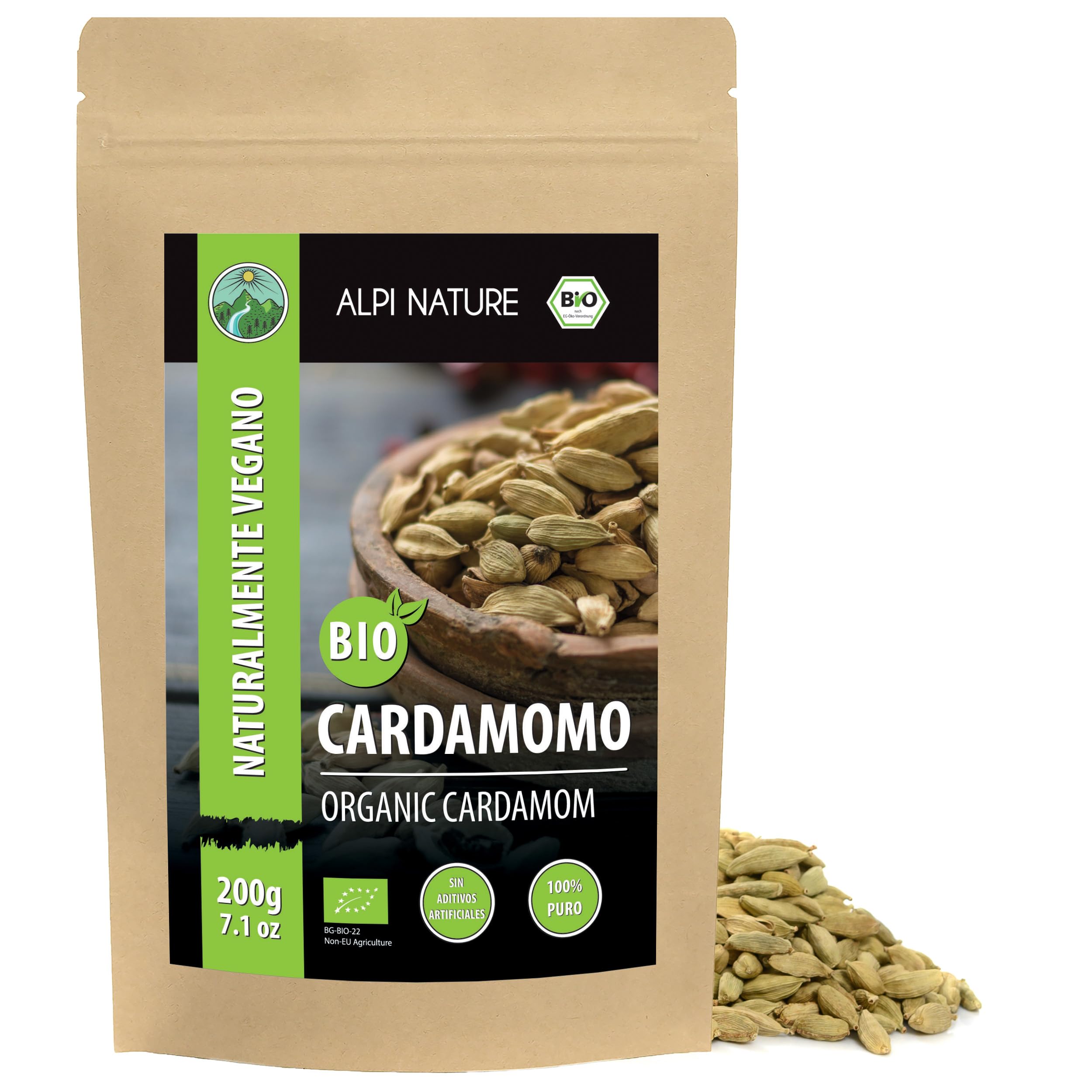 Alpi Nature Cardamomo Orgánico Entero BIO 200g, Vainas de Cardamomo Verde Enteras para Cocinar