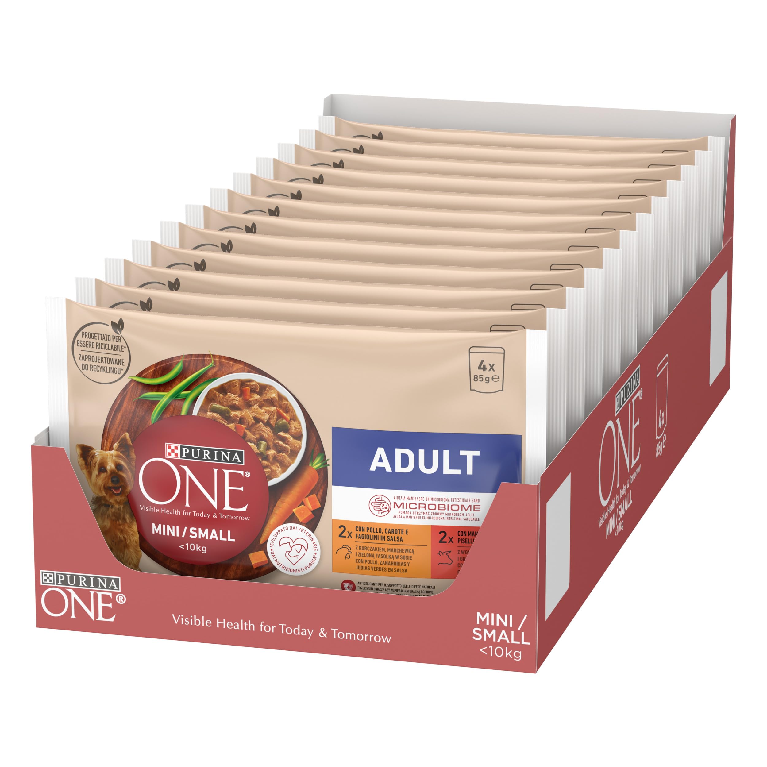 Purina ONE Mini <10kg Comida húmeda para Perro pequeño Adulto con Pollo y Buey, 12 packs de 4 sobres de 85g - 48 sobres