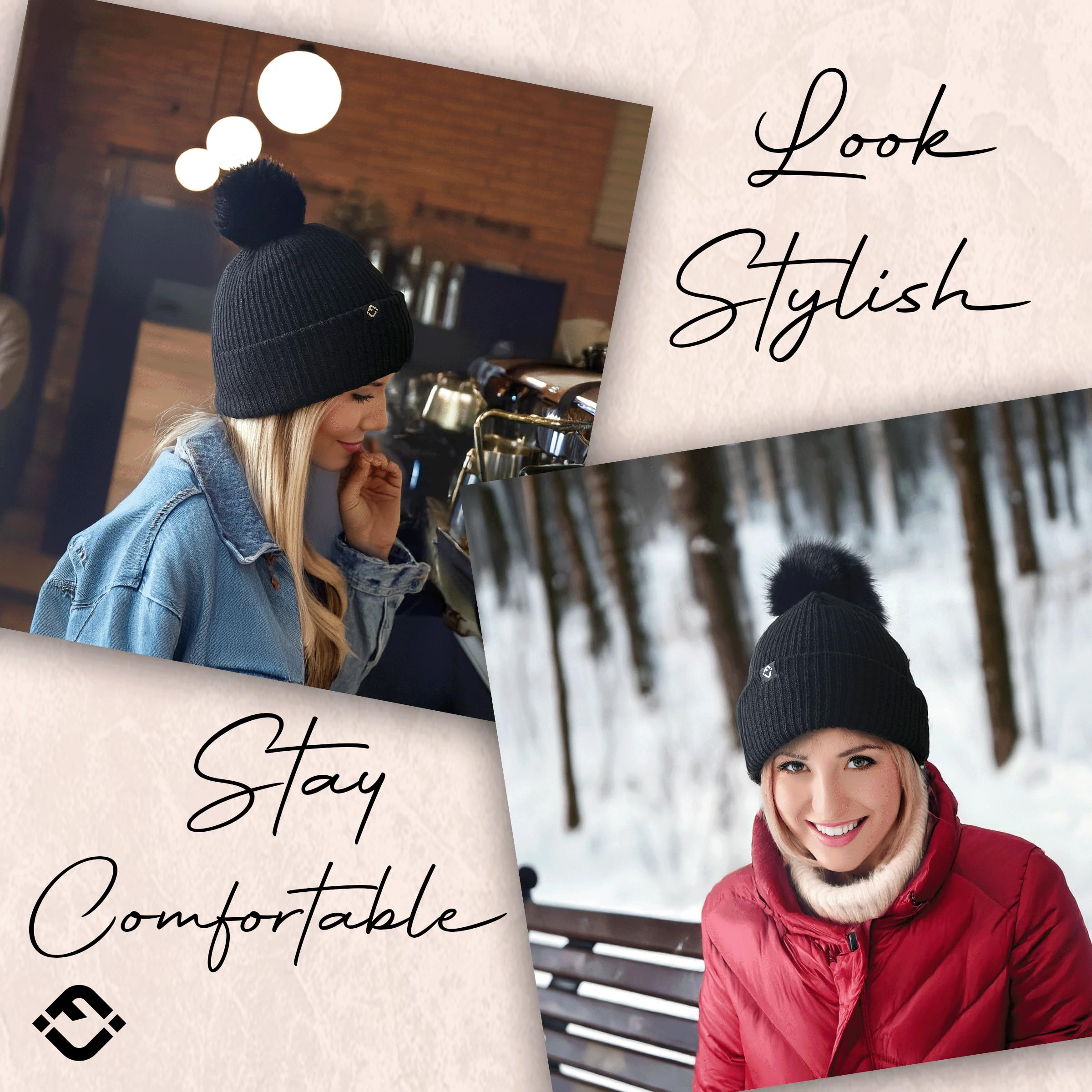 Funky Junque Womens Ribbed Knit Pom Pom Beanie - Black