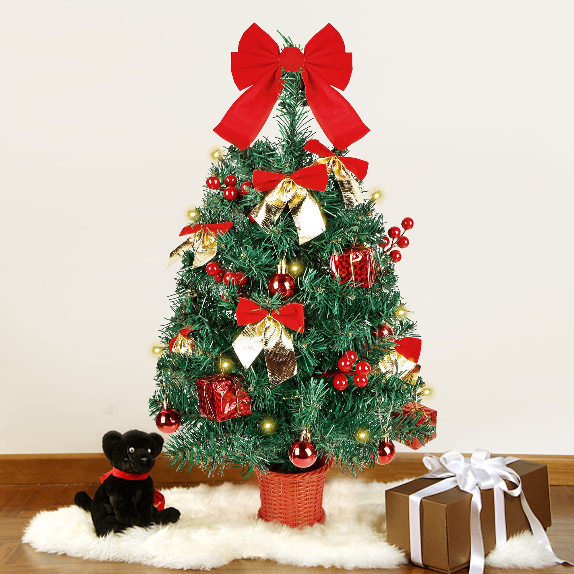 GUOOU 20 Inch Mini Christmas Tree, Artificial Christmas Pine Trees, Tabletop Xmas Tree for Christmas Table Decorations, Mini Christmas Pine Tree with 30 LED Lights