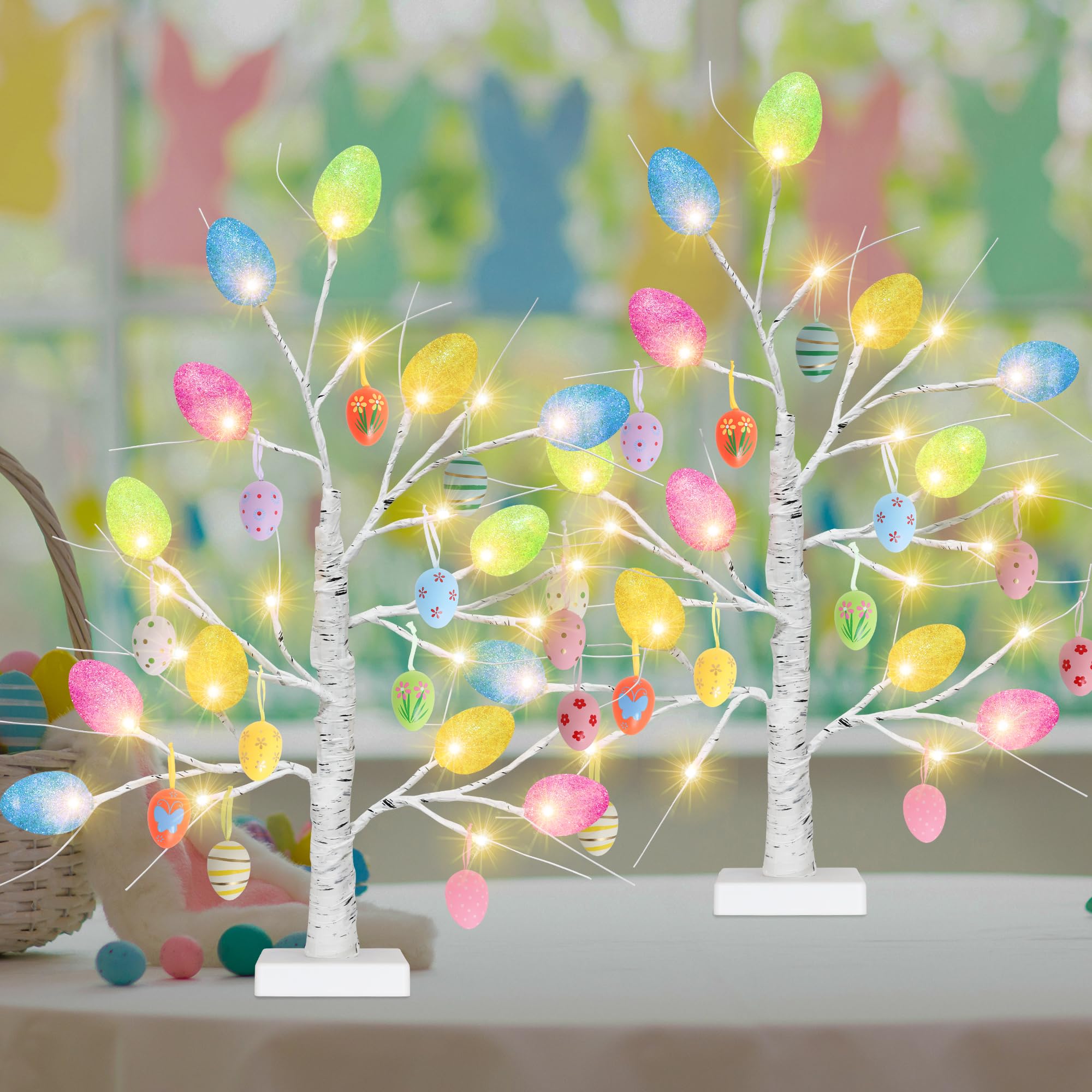 Easter Day Table Decorations, 2 Pack 24 Inches Lighted Birch Tree for Tabletop, Adjustable Colorful Egg Shaped Lighted Tree Decor with Hanging Eggs for Happy Easter Day Home Indoor Outdoor Party