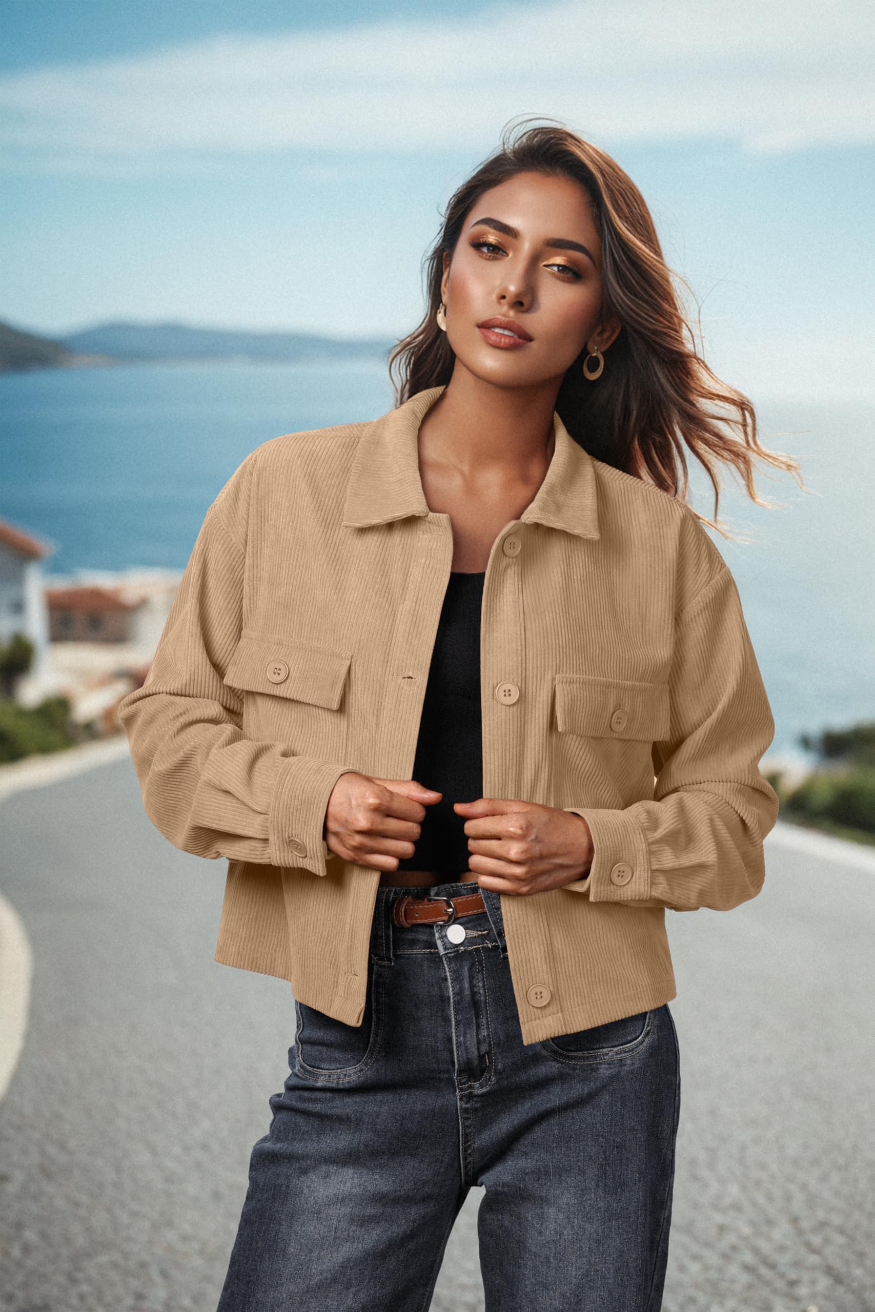 IWOLLENCE Giacca da donna casual da donna in velluto a coste giacca camicia UK risvolto abbottonatura maniche lunghe con tasche