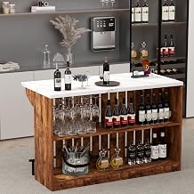 Bar Table with LED Lights & Charging Station, Expandable Home Bar Unit with Footrest, Rustic Wood Basement Bar with Storage, Mini Coffee Bar Station for Kitchen, Dining Room, Living Room