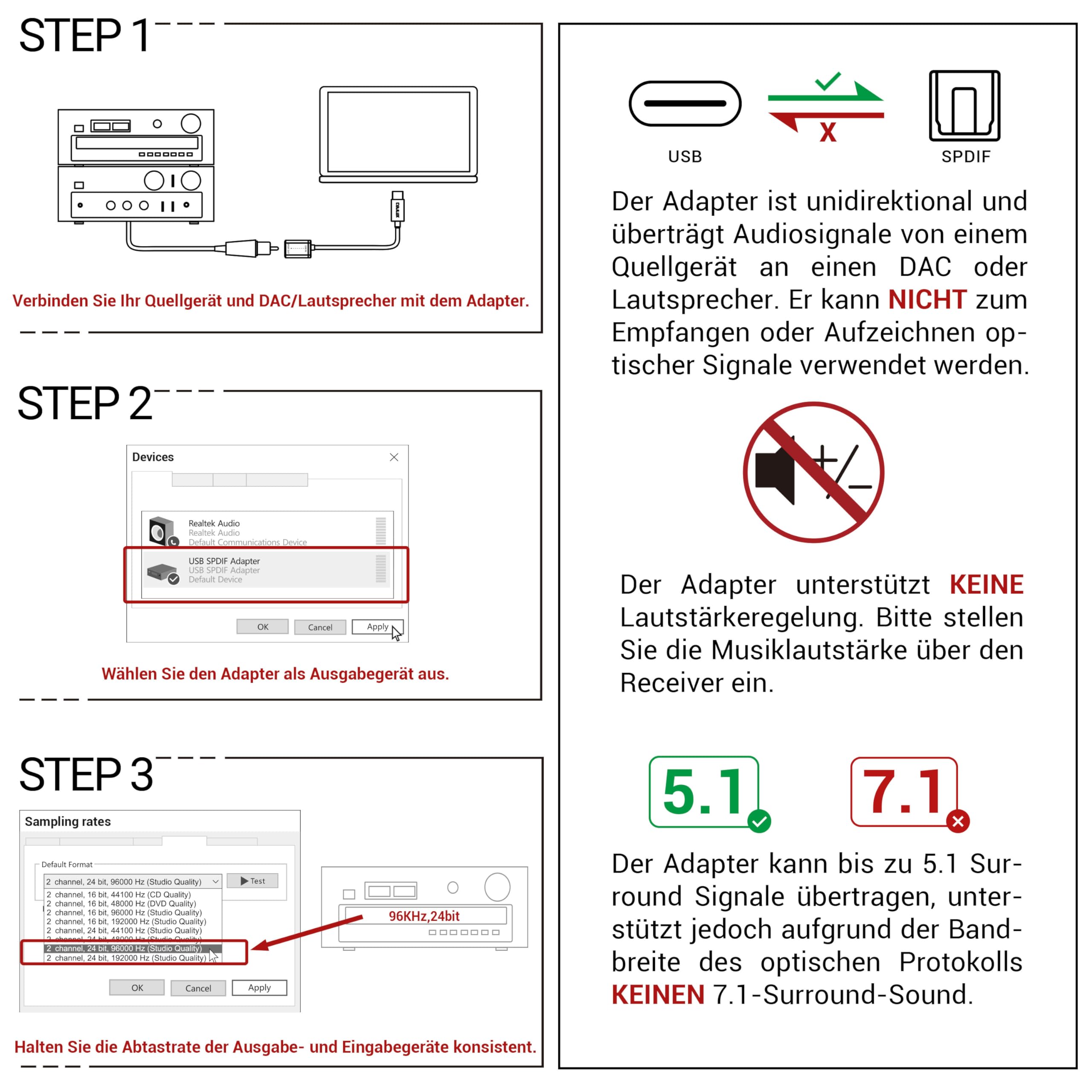 Cubilux USB C auf SPDIF Optical Adapter, TOSLINK Audio Ausgang, 192 kHz / 24 Bit DAC, nur Ausgang, für MacBook und PC
