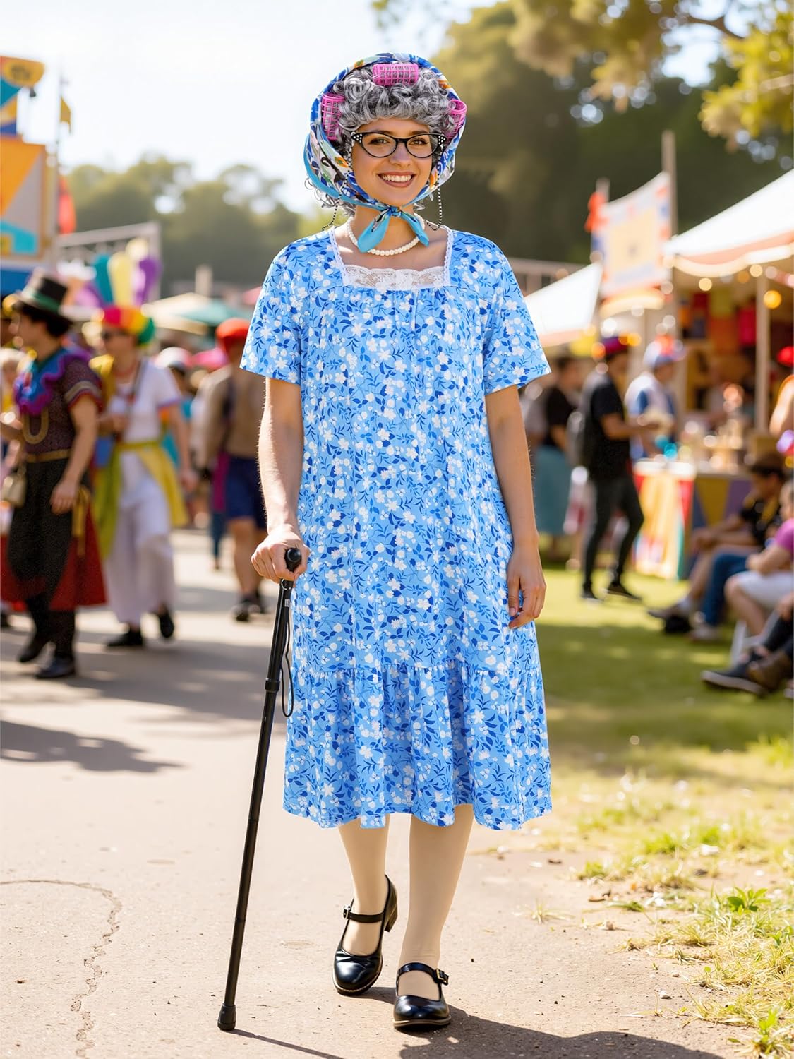 SOMSOC 7 Pieces Women Old Lady Costume with Dress Wig Headscarf Glasses Stockings Cane for Halloween, 100 Days of School - Image 6