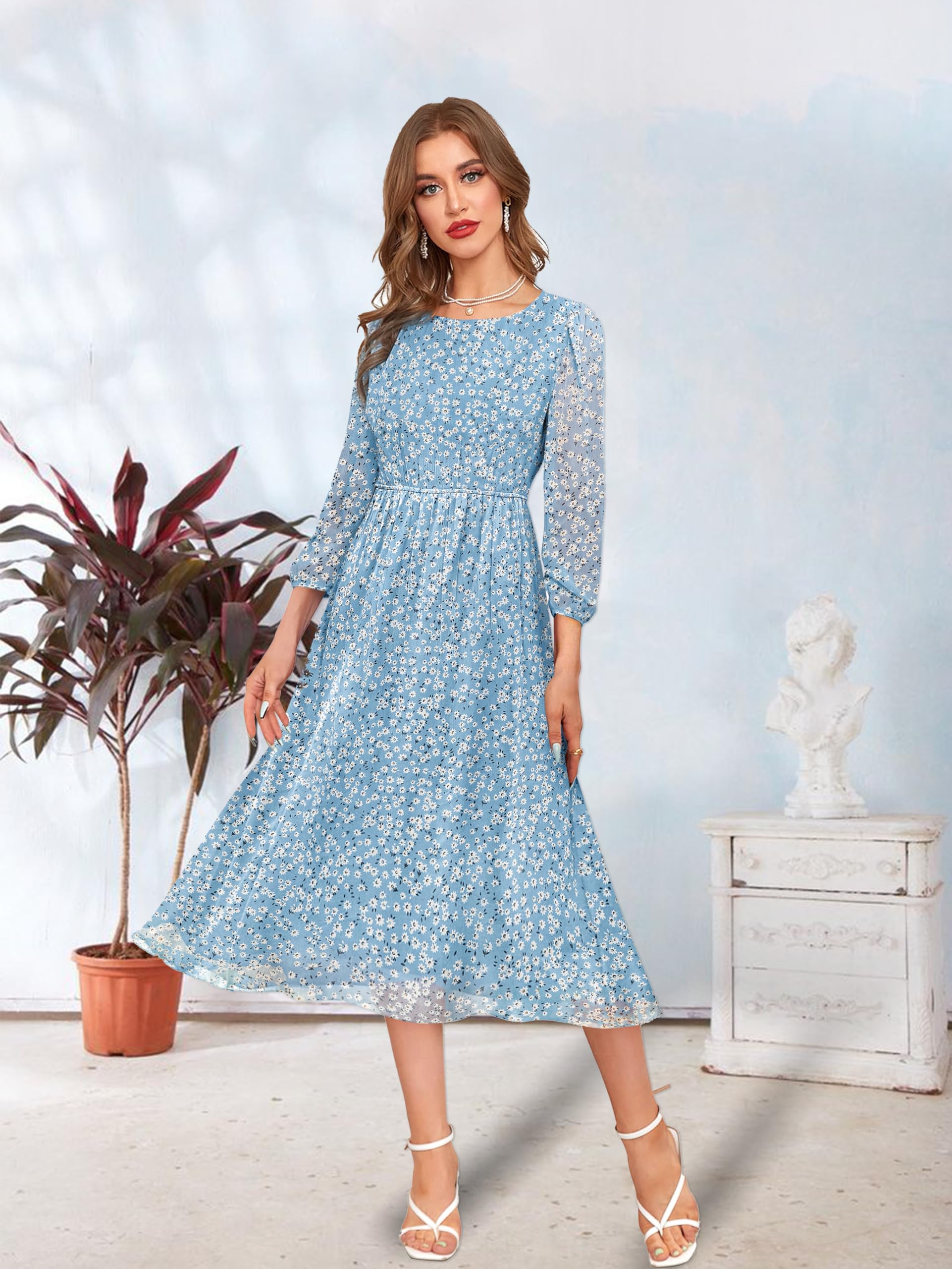 Toochki Women's Sky Blue Georgette Floral Fit & Flared Regular Fit Western Below Knee Length Kurti A Line Style Summer Wear Kurtis Trendy Colour Midi Type Kurti