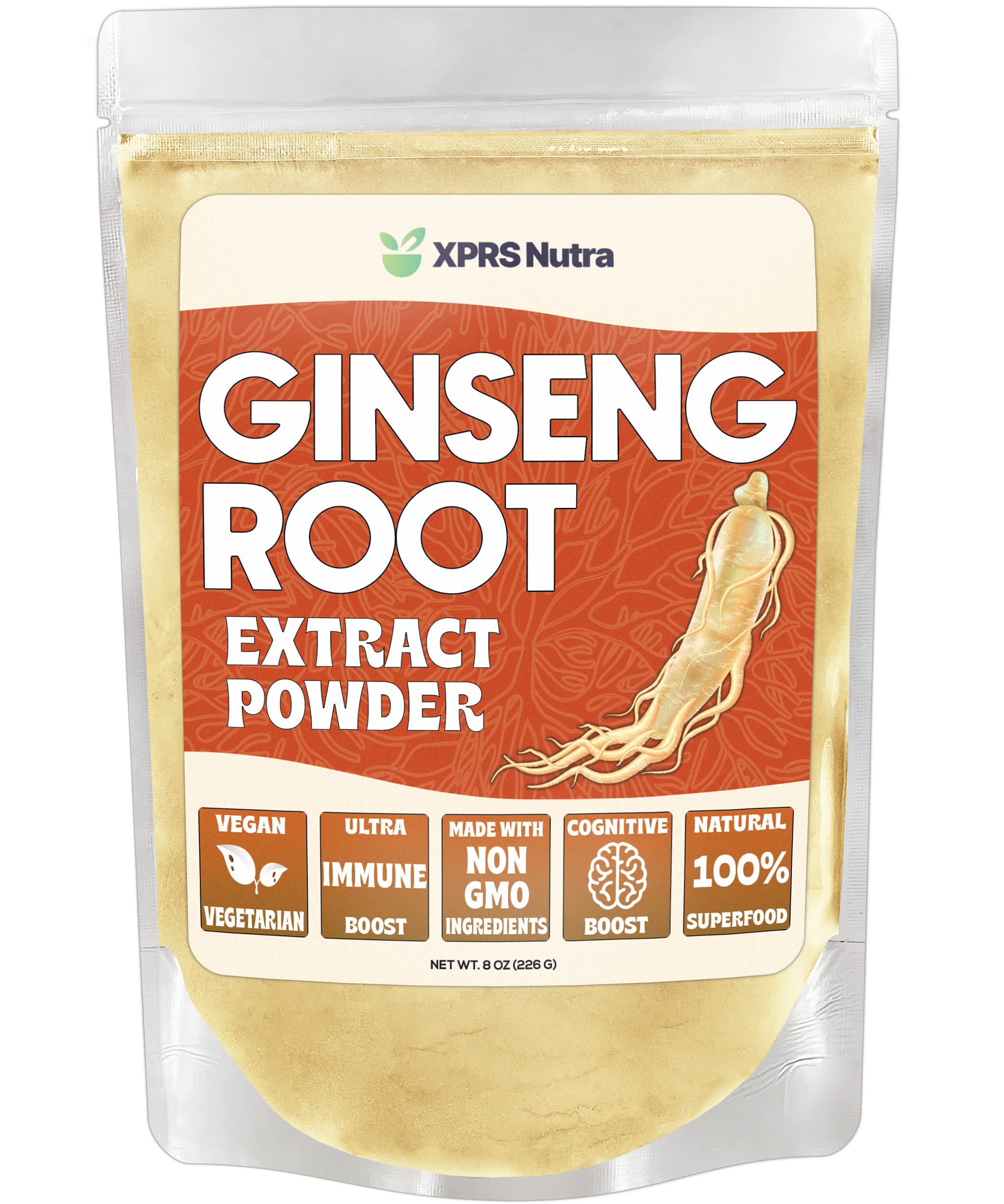 XPRS Nutra Ginseng Root Extract Powder - Ginseng Powder Supports Cognitive Function, Physical Performance, and Immune System - Vegan Friendly Panax Ginseng in Powder Form (8 Ounce) 8 Ounce (Pack of 1)