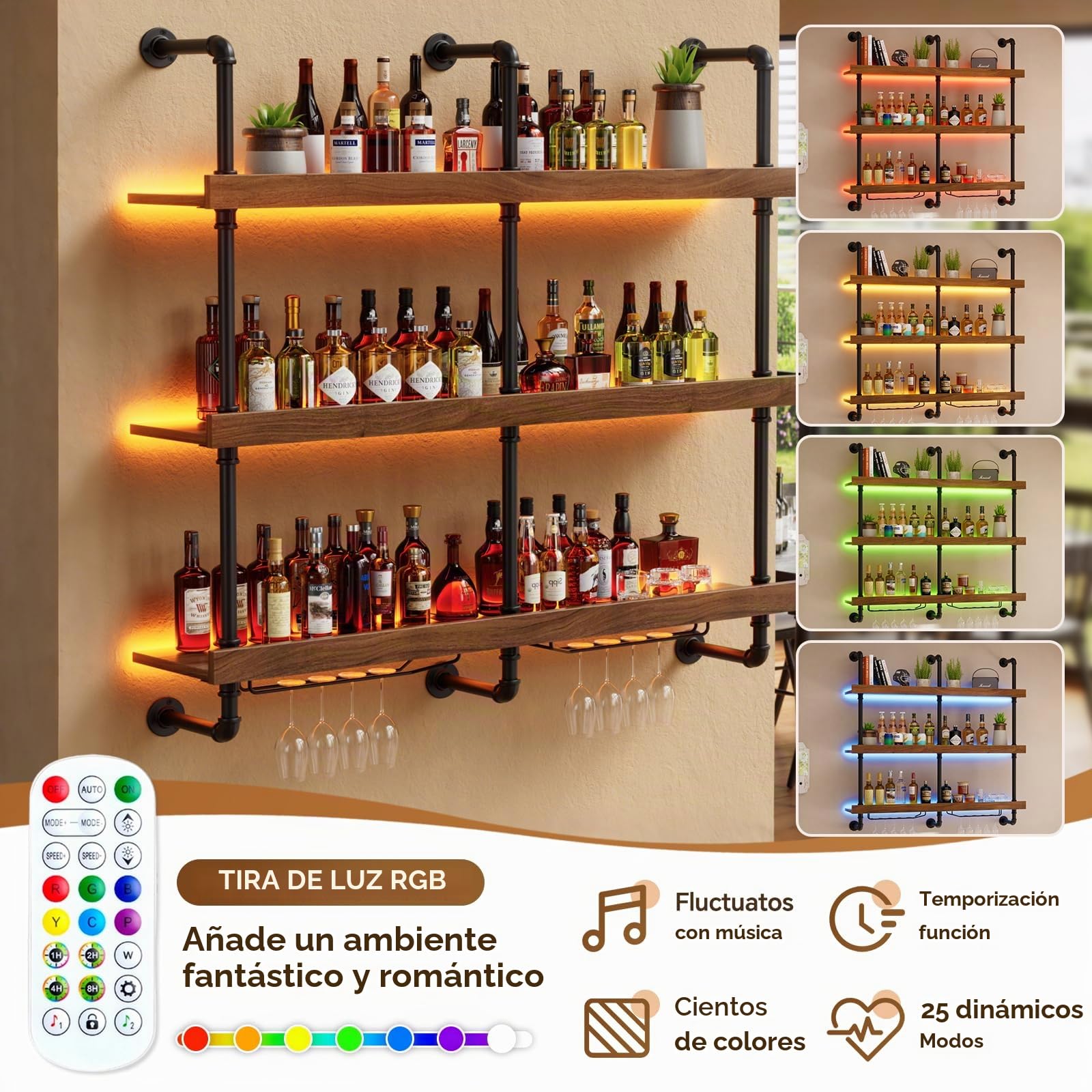 Botellero montado en la pared con luz LED & Portavasos Botellero de Metal & Madera Maciza para la Pared 3 niveles Estante de Vino Montado en la Pared Ideal para Bar, Cocina y Restaurante 120*25*120CM