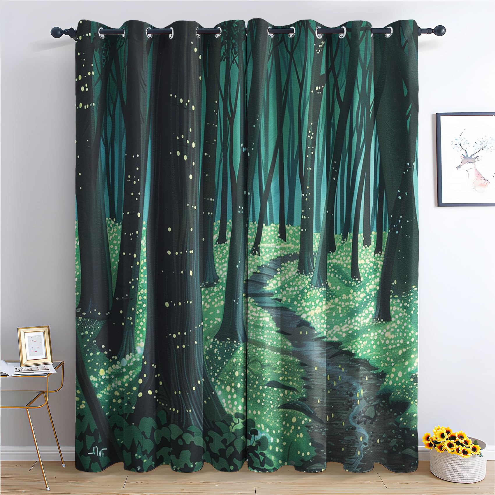 Forest Curtains for Bedroom Living Room - Woodland Tree Path Blackout Curtains 66 x 72 Inch (Width x Drop), Thermal Insulated Eyelet Curtains & Drapes, Decorative Patterned Window Treatments A-#138