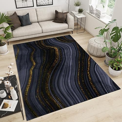 Miniatura 21 de Alfombras clásicas de mármol azul real, alfombra de lujo con tinta salpicada dorada para sala de estar, suave, lavable, resistente a la estilo-02