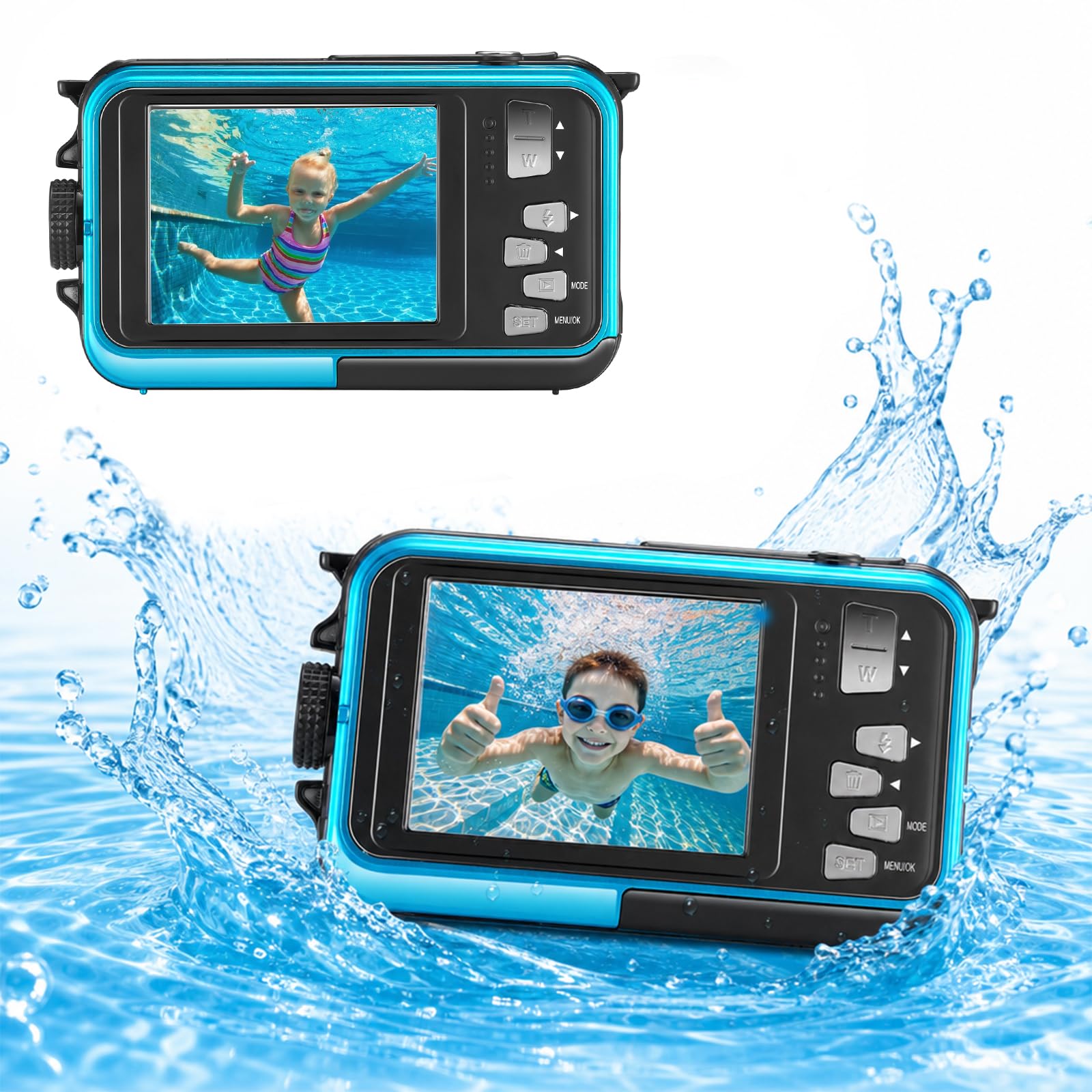 Appareil Photo Numérique Étanche, Caméra sous-Marine HD 2.7K 48MP avec Double Écran pour Snorkeling 3M pour Nager, Zoom Numérique 16X Anti-Secousse, Bleu