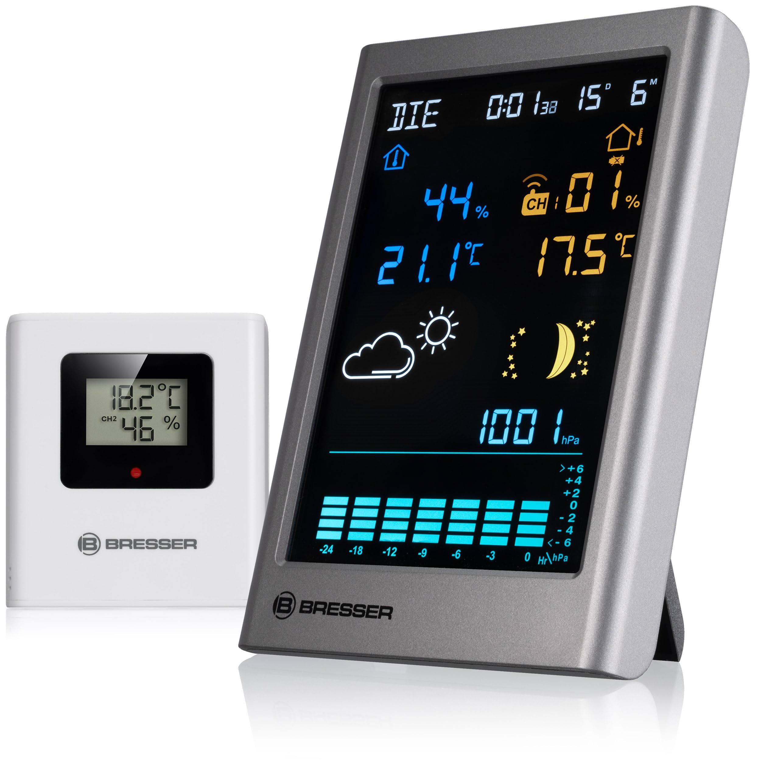 Bresser Station météo sans fil avec prévision graphique, historique de pression atmosphérique, mesure de température et d'humidité, capteur sans fil