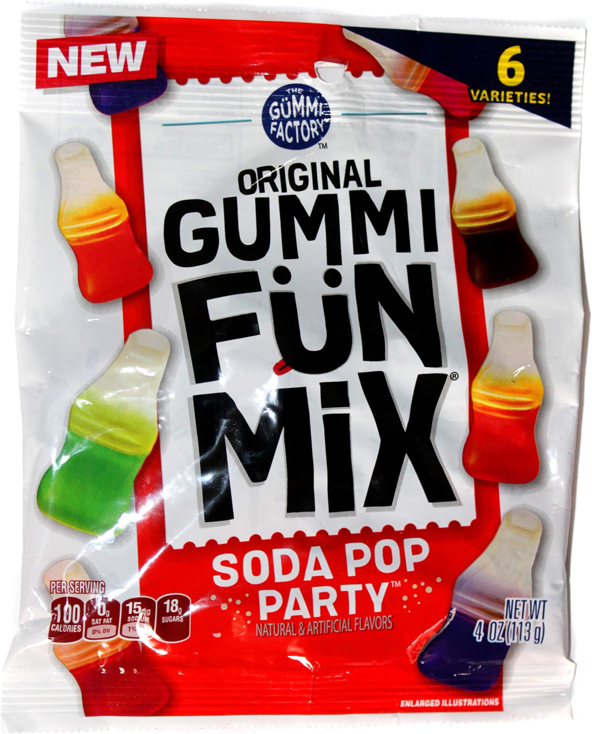 The Gummi Factory (1) Bag Original Gummi Fun Mix Soda Pop Party - 6 Candy Varieties: Orange, Lemon-Lime, Strawberry, Grape, Cherry Cola, Cola - 4 oz