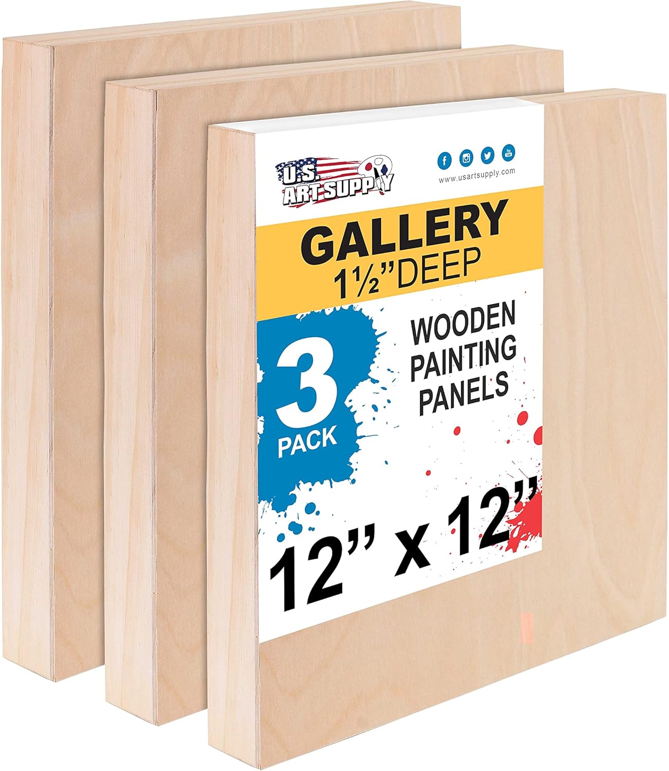 Unfinished cradled wood panels 12x12x1-1/2 in, 3 pack