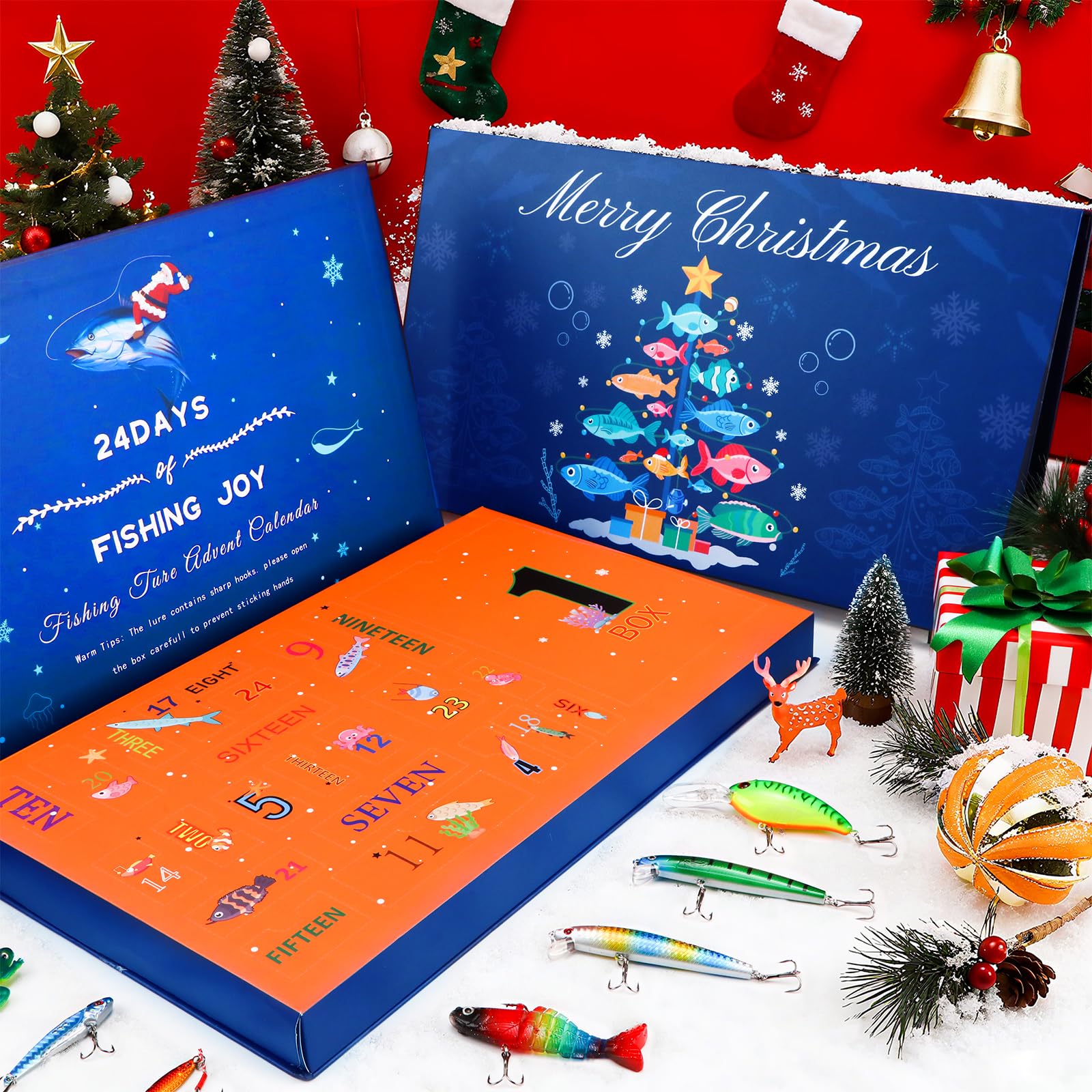 Calendario de Adviento de pesca 2024 para hombres y niños, 24 días de Navidad, señuelo de pesca con caja de aparejos, calendario de Adviento para pescador, padre, abuelo, hermano, regalos de pesca