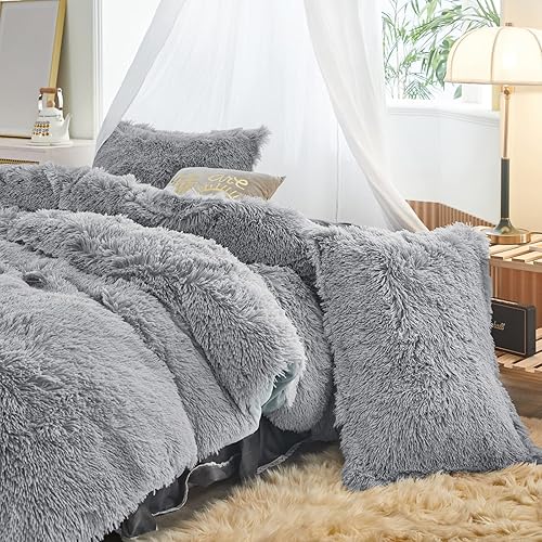 Miniatura 6 de Juego de edredón lanudo de 3 piezas, color gris, tamaño King, juego de edredón de piel sintética de invierno con 2 fundas de almohada, ultra suave y