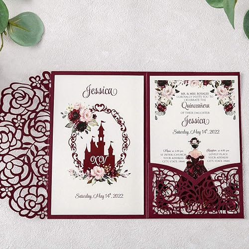 Miniatura 8 de DreamBuilt Kit de invitaciones de quinceañera de 4.7 x 7 pulgadas, 50 unidades, color burdeos, corte láser, con bolsillo de rosa hueca, tarjetas de