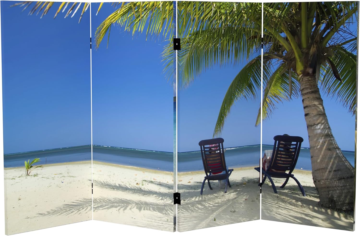 Red Lantern 3 ft. Short Double Sided Beach Canvas Folding Screen 4 Panel Freestanding Partition and Separator for Modern and Contemporary Bedroom, Home Office, Studio, Dorm, Apartment