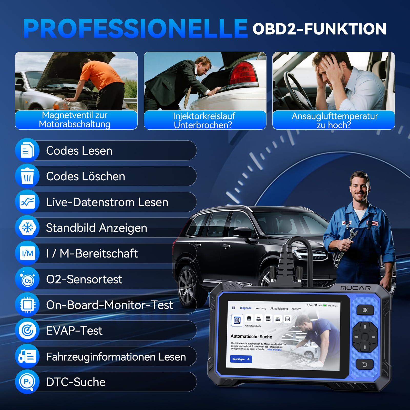 OBD2 Diagnosegerät, MUCAR 682 Diagnosegerät Auto Mit Volle Systemdiagnose Und 20 Reset-Funktion, Auto Diagnosegerät Für Aktives Testen, CANFD-Protokoll, Kostenlos Aktualisieren